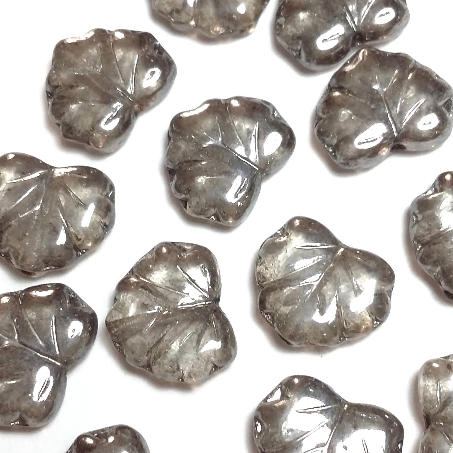 Grey & Silver Lustre Czech Glass Leaf 13x11mm - 10pcs