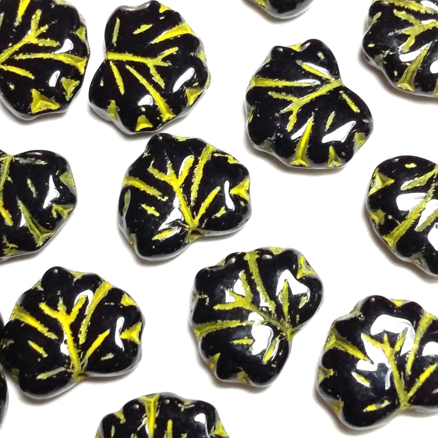 Black & Yellow Czech Glass Maple Leaf 13x11mm - 10pcs