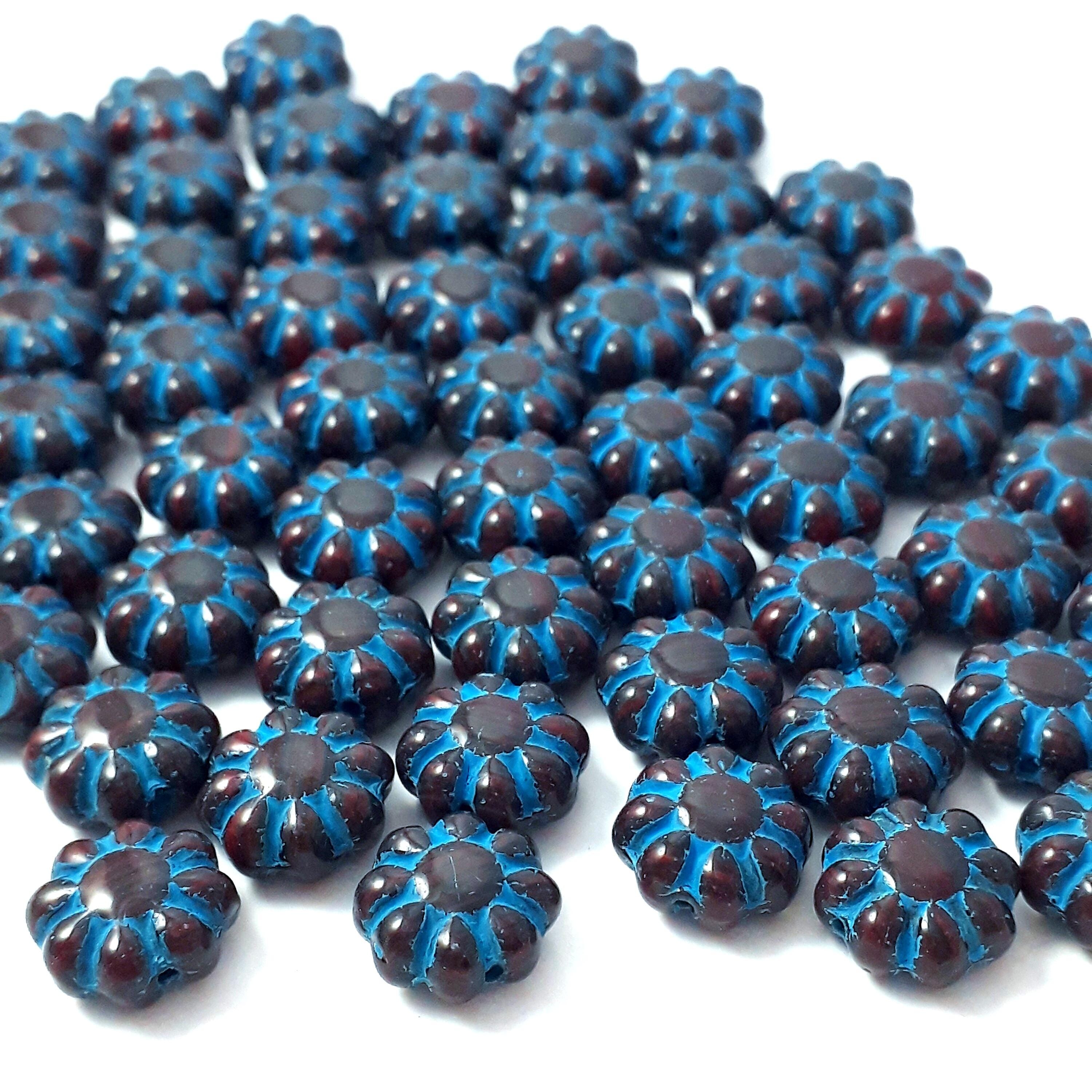 Black & Blue Lined Czech Glass Hawaiian Flower 9mm - 10pcs