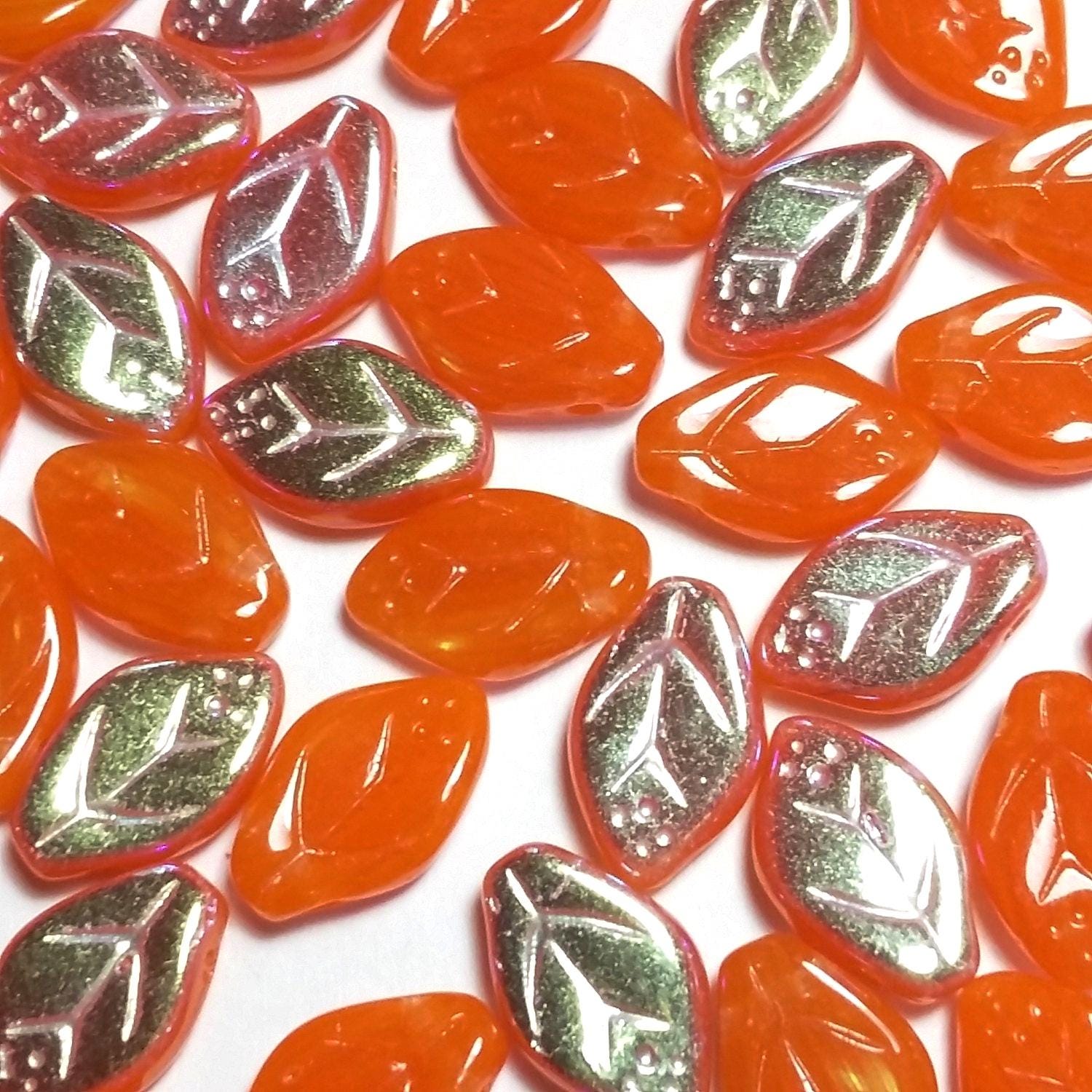 Bright Orange & Metallic Czech Glass Leaf 12x7mm - 20pcs