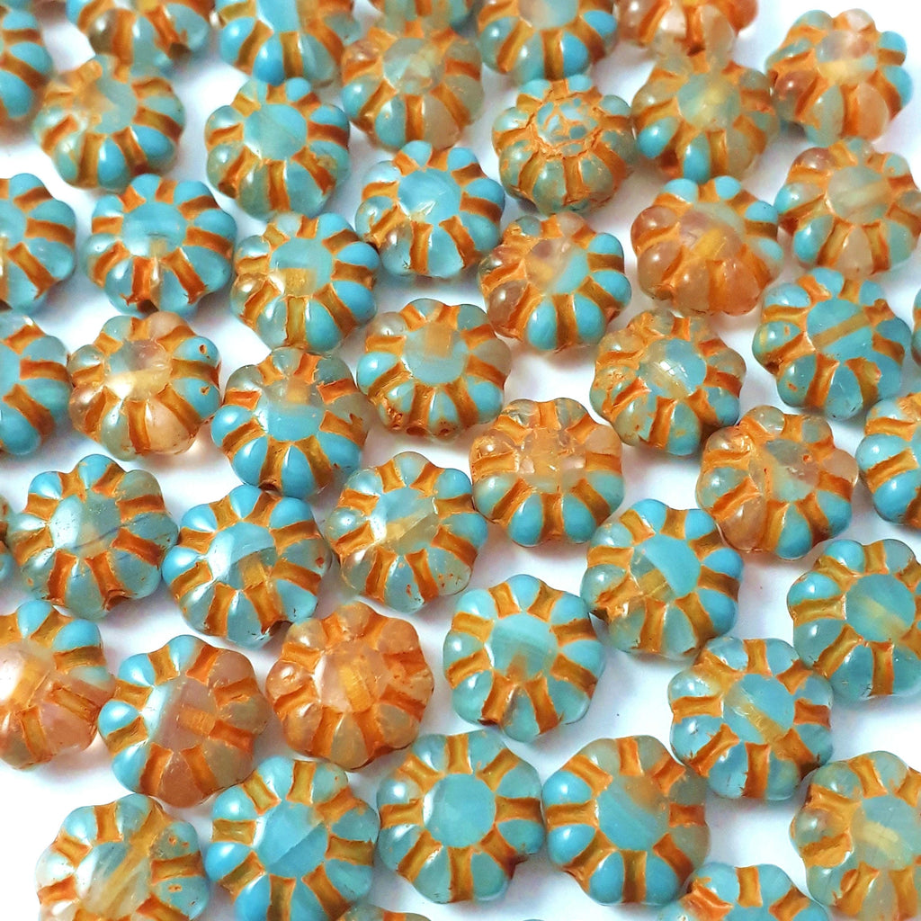 Orange & Blue Czech Glass Hawaiian Flower 9mm - 10pcs