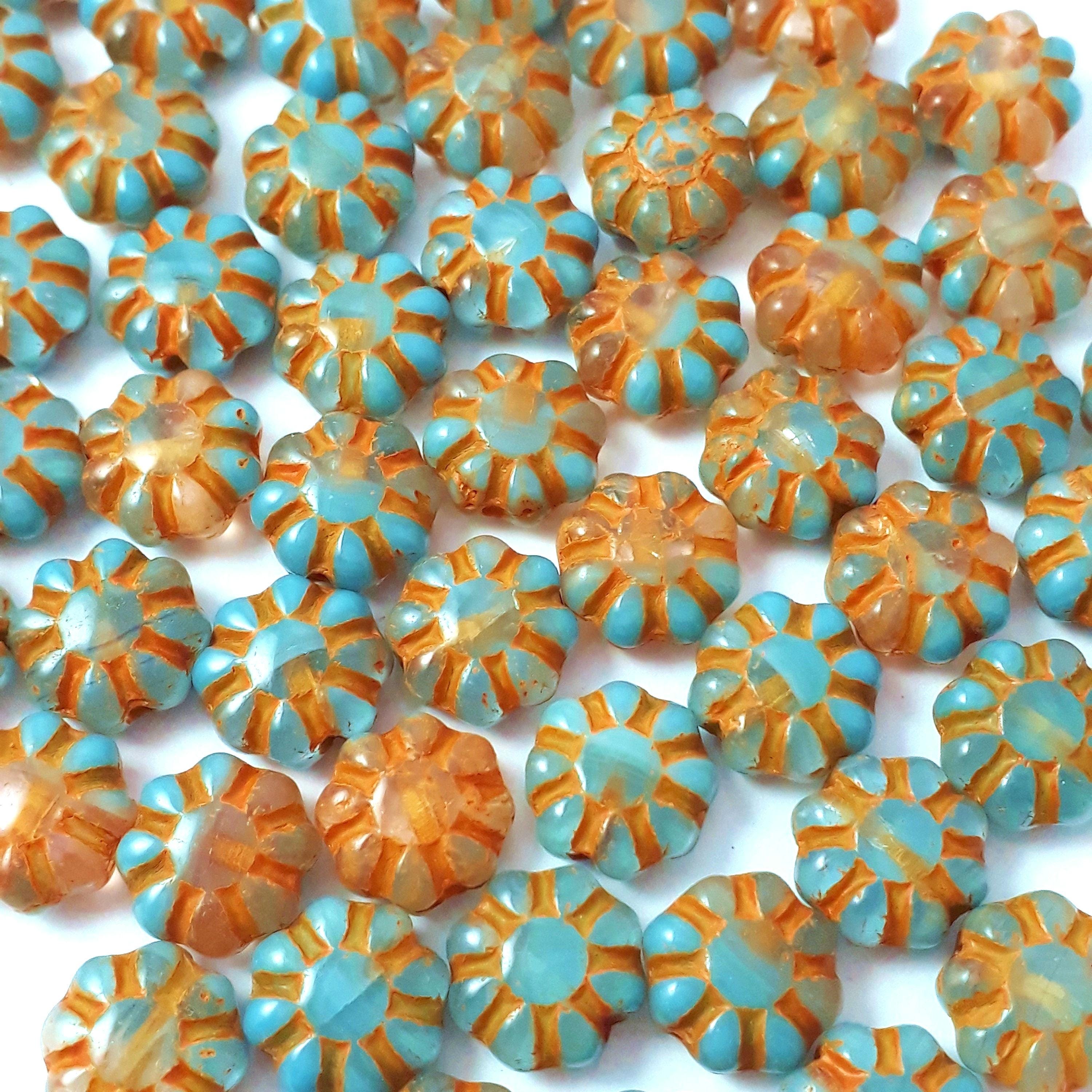 Orange & Blue Czech Glass Hawaiian Flower 9mm - 10pcs