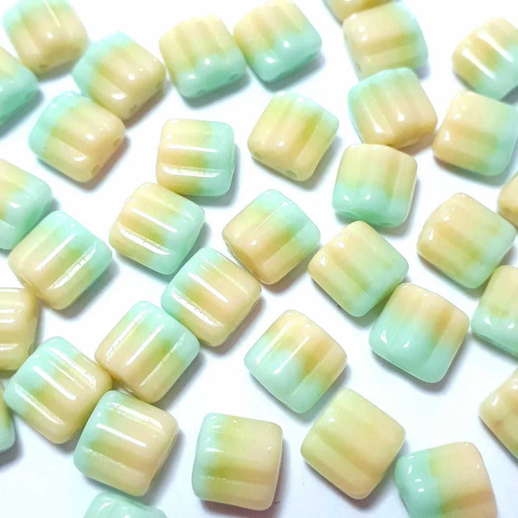 2-Hole Green & Yellow Czech Glass Square 6mm - 20pcs