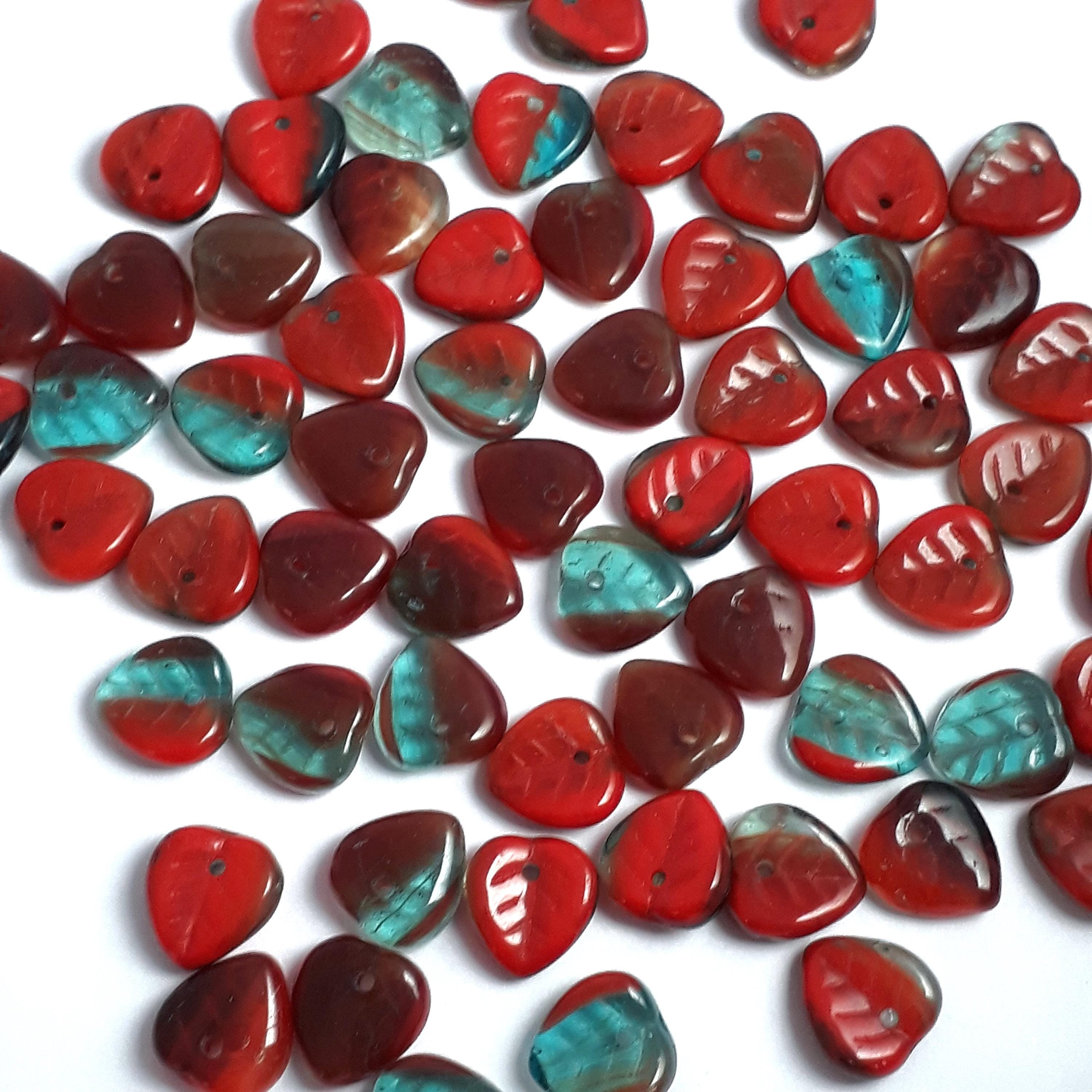 Red & Teal Czech Glass Leaf 9mm - 30pcs