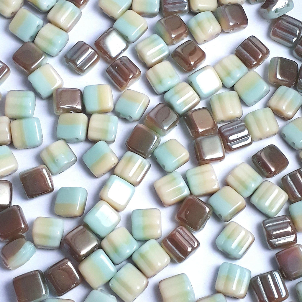 2-Hole Green, Beige & Bronze Czech Glass Square 6mm - 20pcs