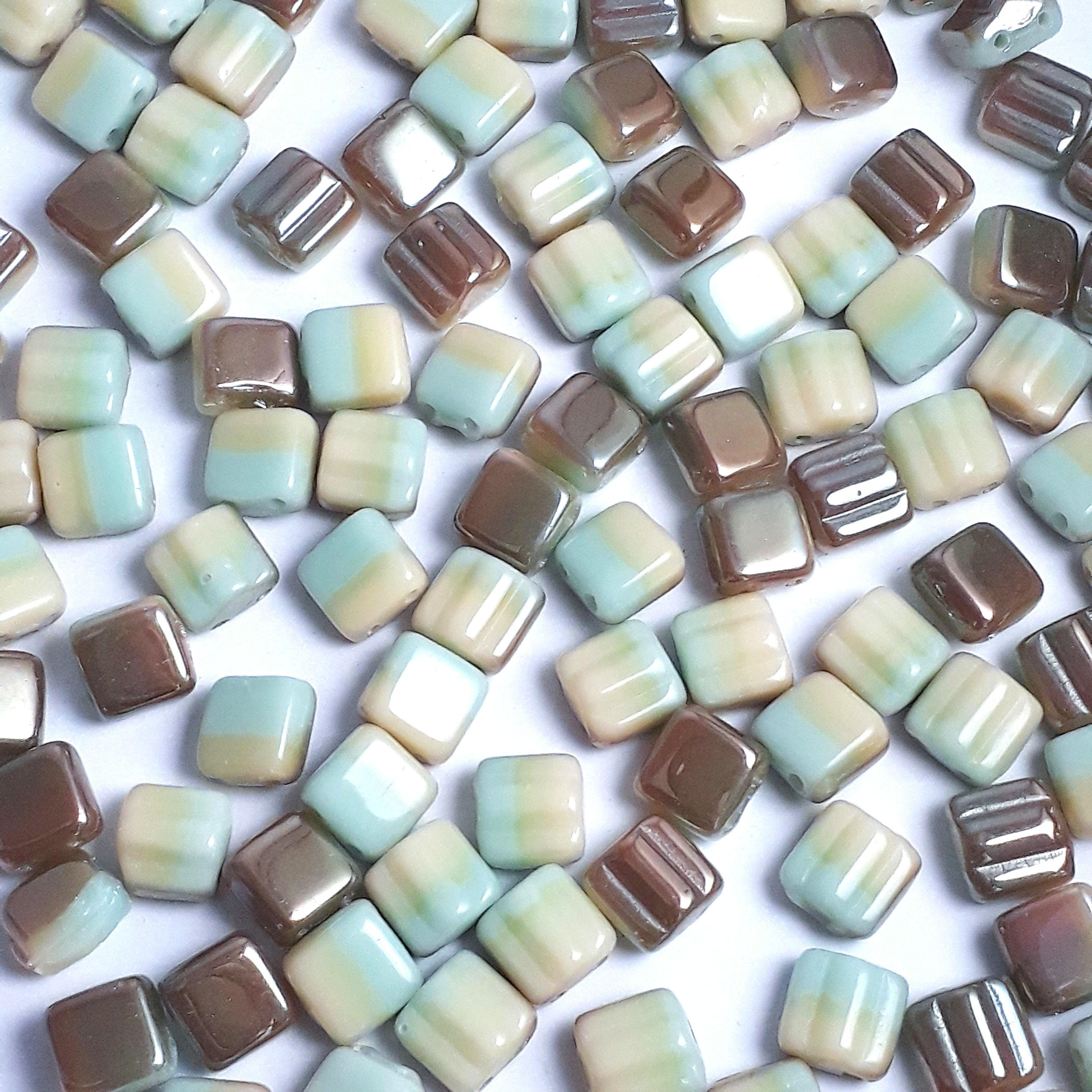 2-Hole Green, Beige & Bronze Czech Glass Square 6mm - 20pcs