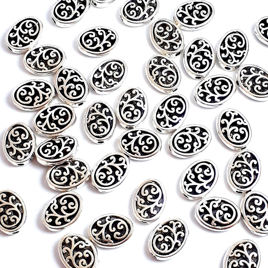 Oval Filigree Floral Antique Silver 12x10mm - 10pcs