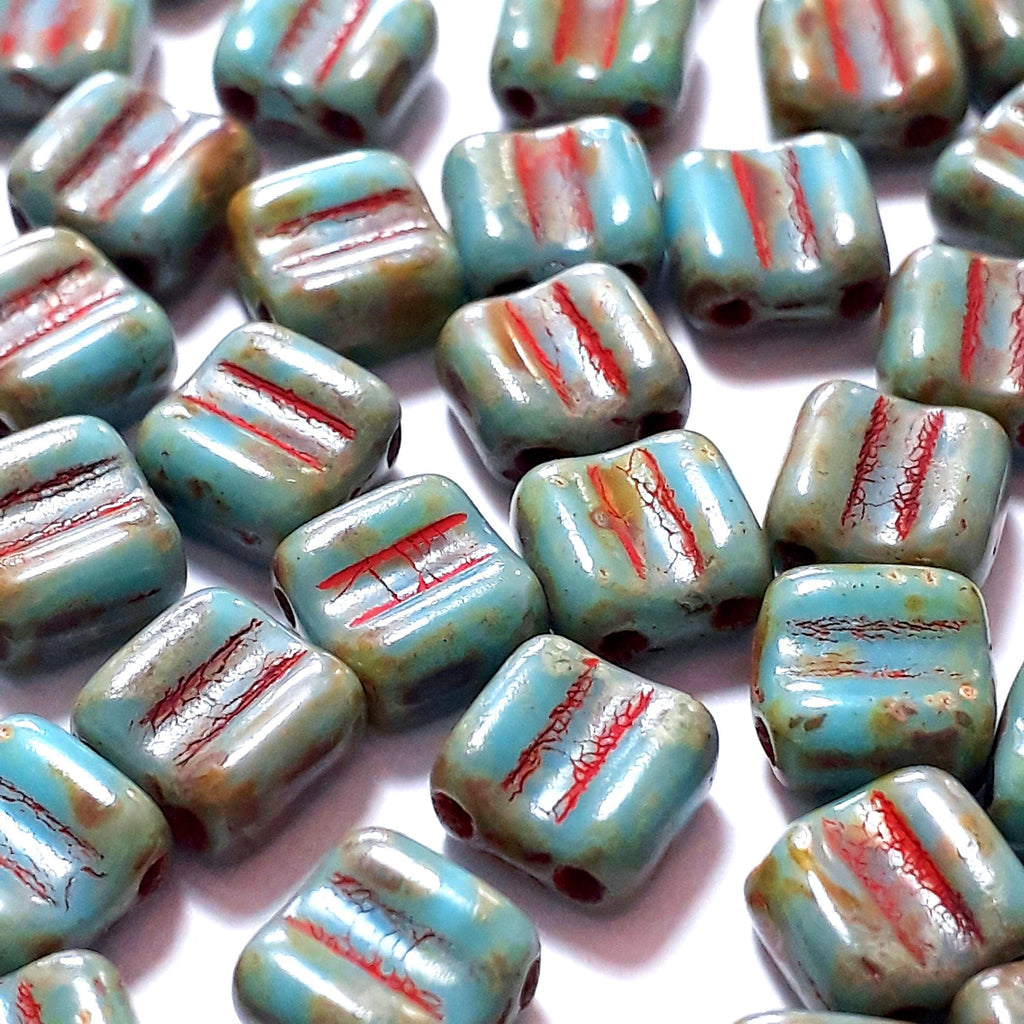 2-Hole Turquoise & Red Picasso Square Czech Glass 6mm - 20pcs