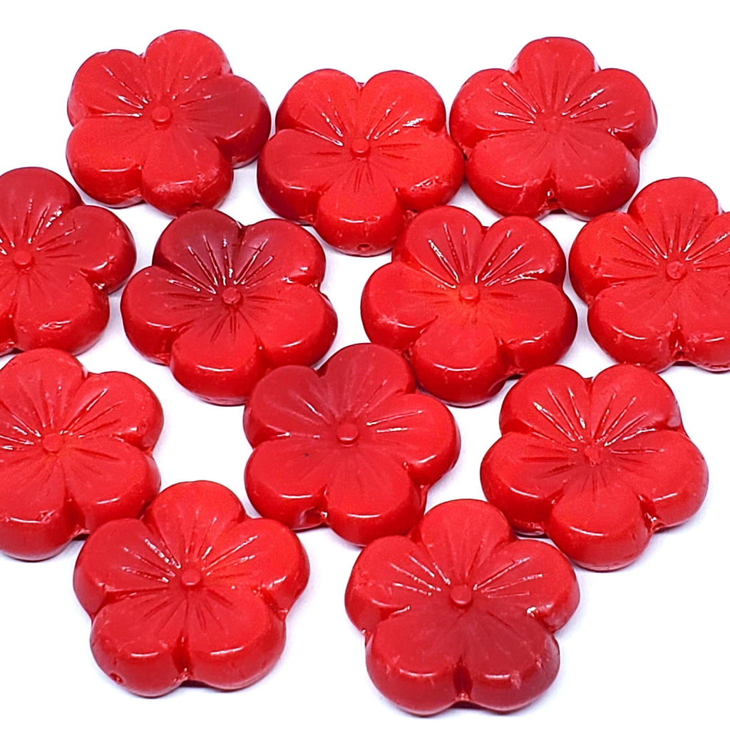 Red Hawaiian Flower Pressed Czech Glass 22mm - 6pcs