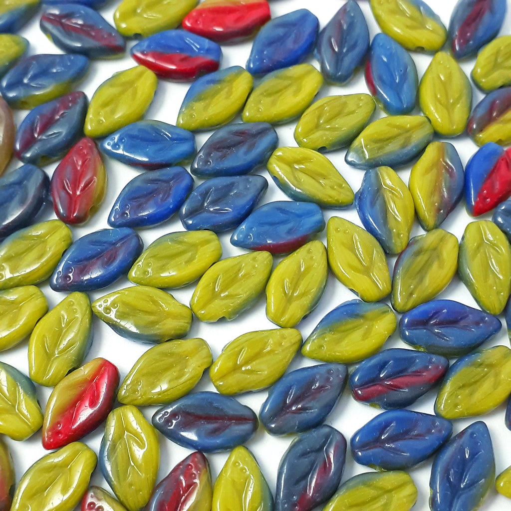 Green, Blue & Red Czech Glass Leaf 10x6mm - 30pcs
