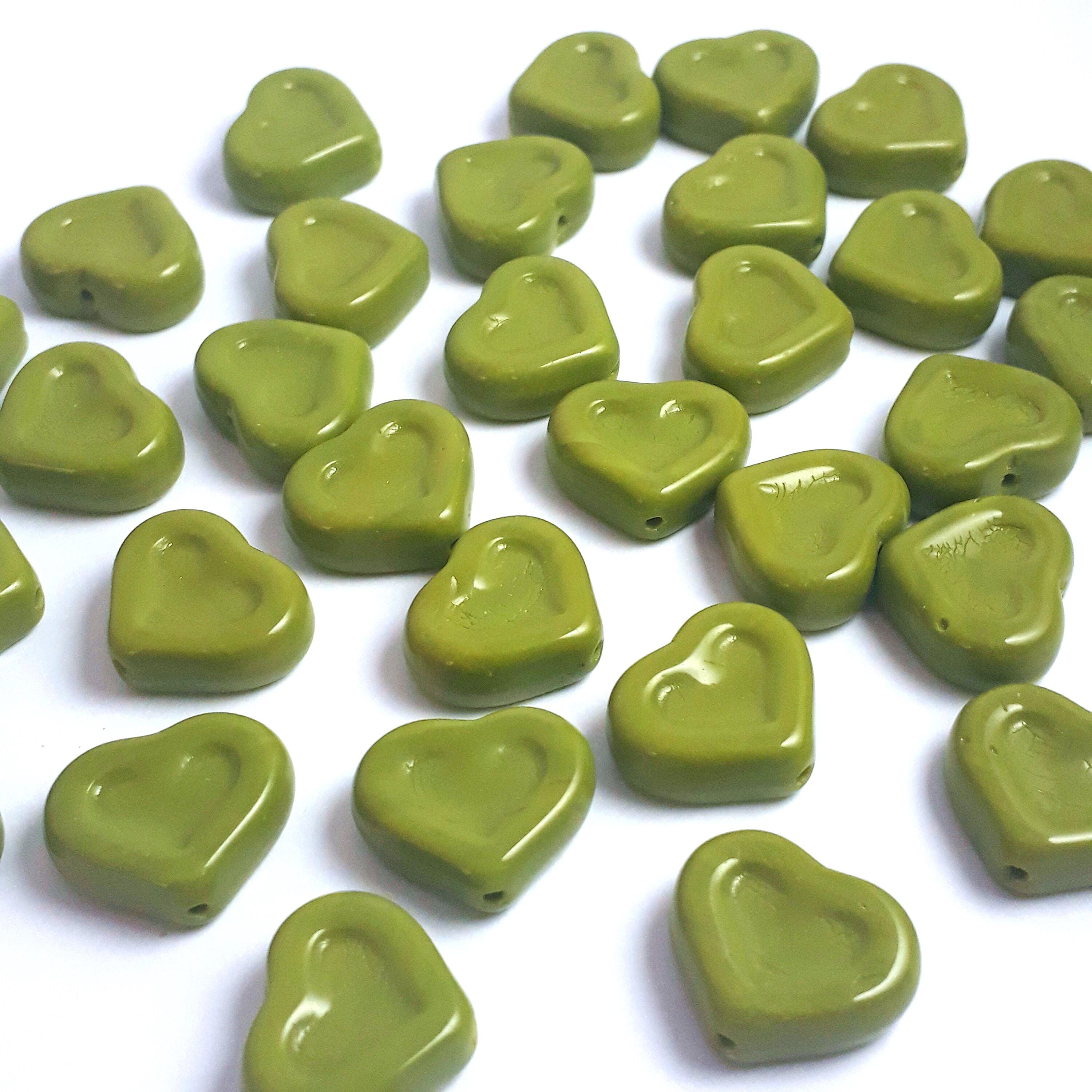 Olive Green Heart Czech Glass 14x12mm - 6pcs