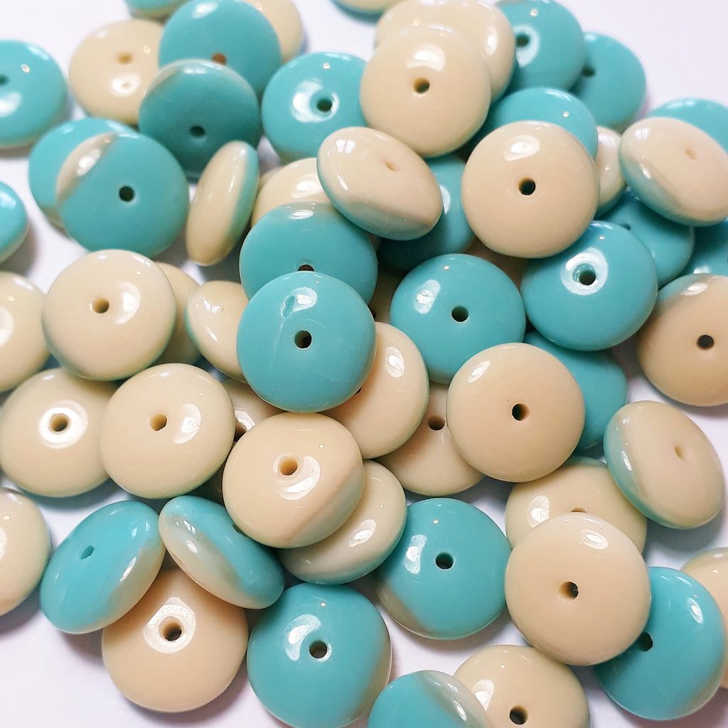 Cream & Turquoise Czech Glass Disc 9mm - 20pcs