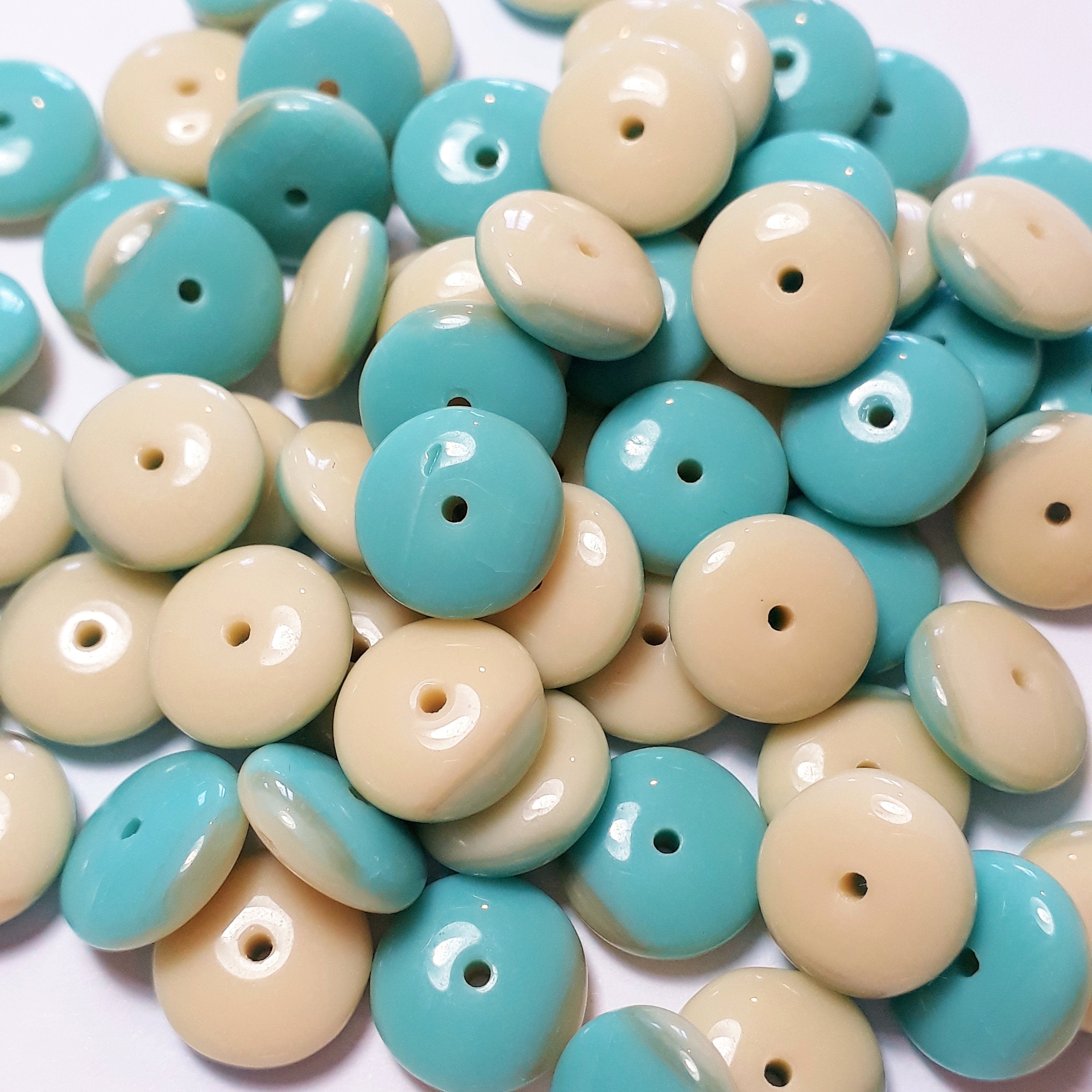 Cream & Turquoise Czech Glass Disc 9mm - 20pcs