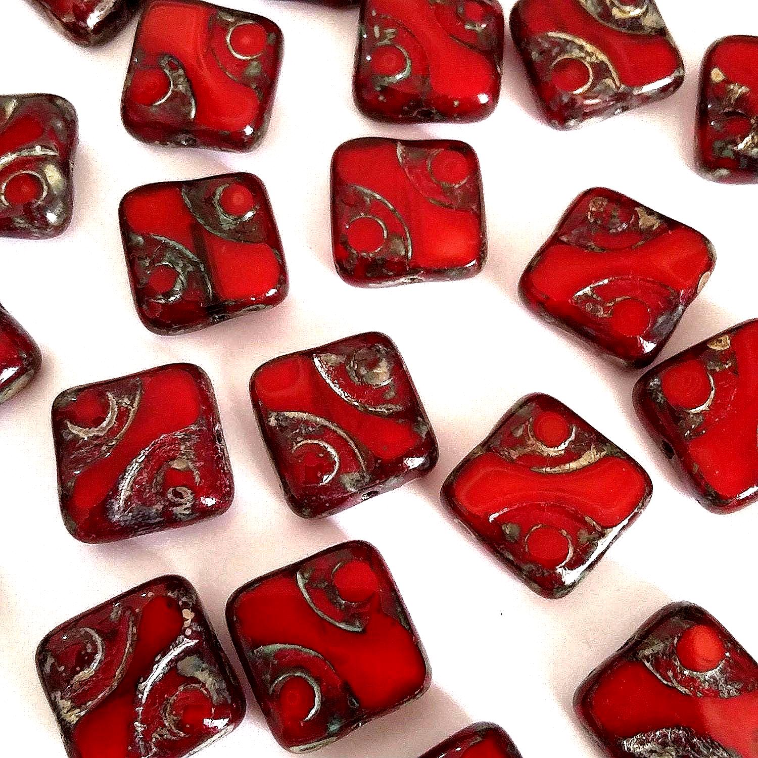 Red Picasso Table Cut Czech Glass Square 10mm - 6pcs