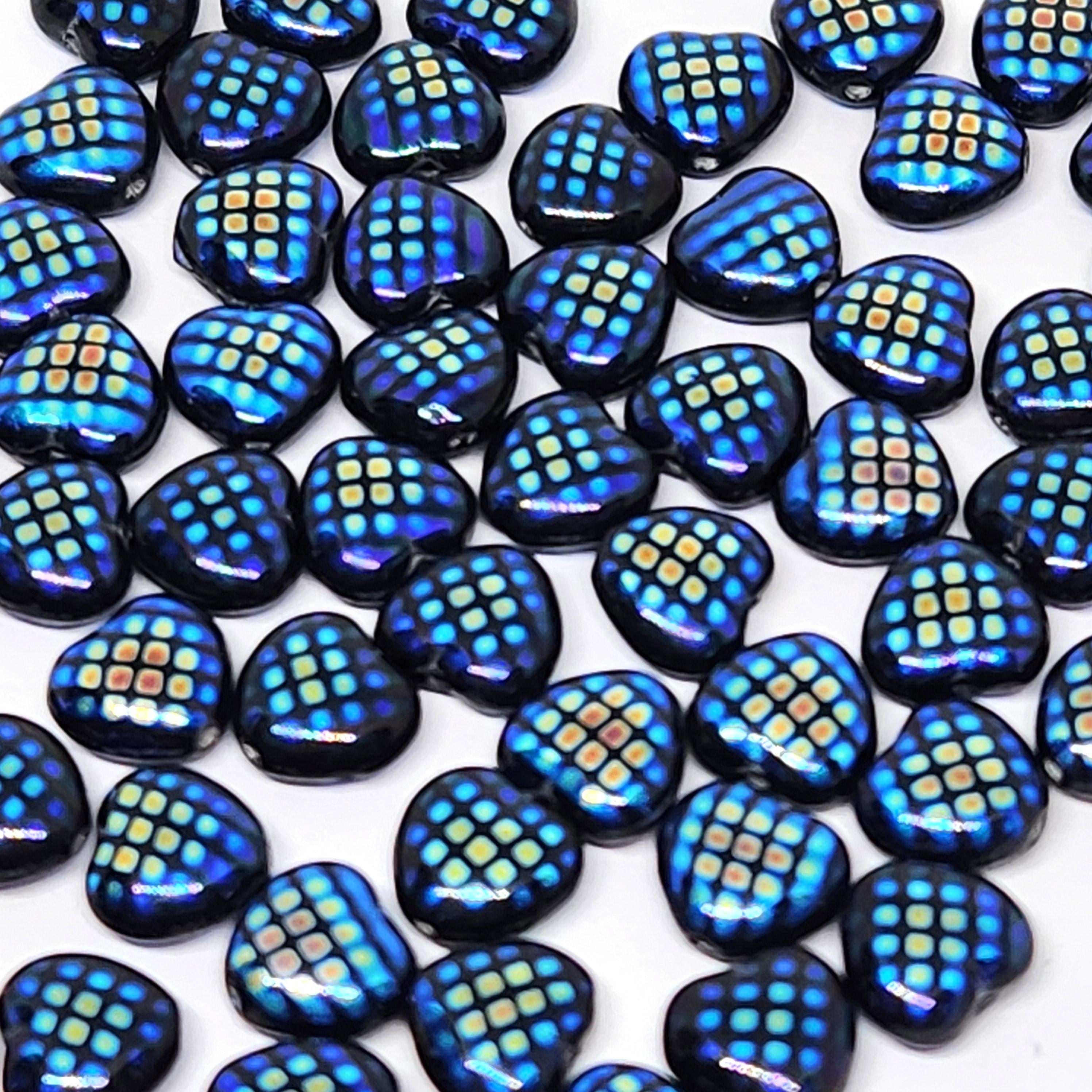 Black Checkered Iridescent Czech Glass Heart Beads 8mm - 20pcs