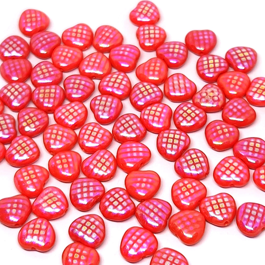 Dark Pink Iridescent Checkered Czech Glass Heart Beads 8mm - 20pcs