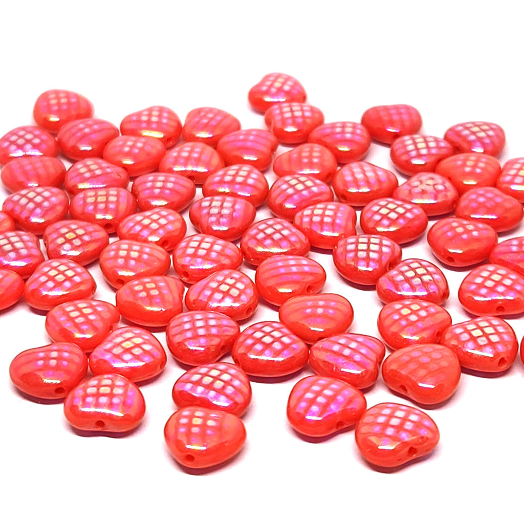 Dark Pink Iridescent Checkered Czech Glass Heart Beads 8mm - 20pcs