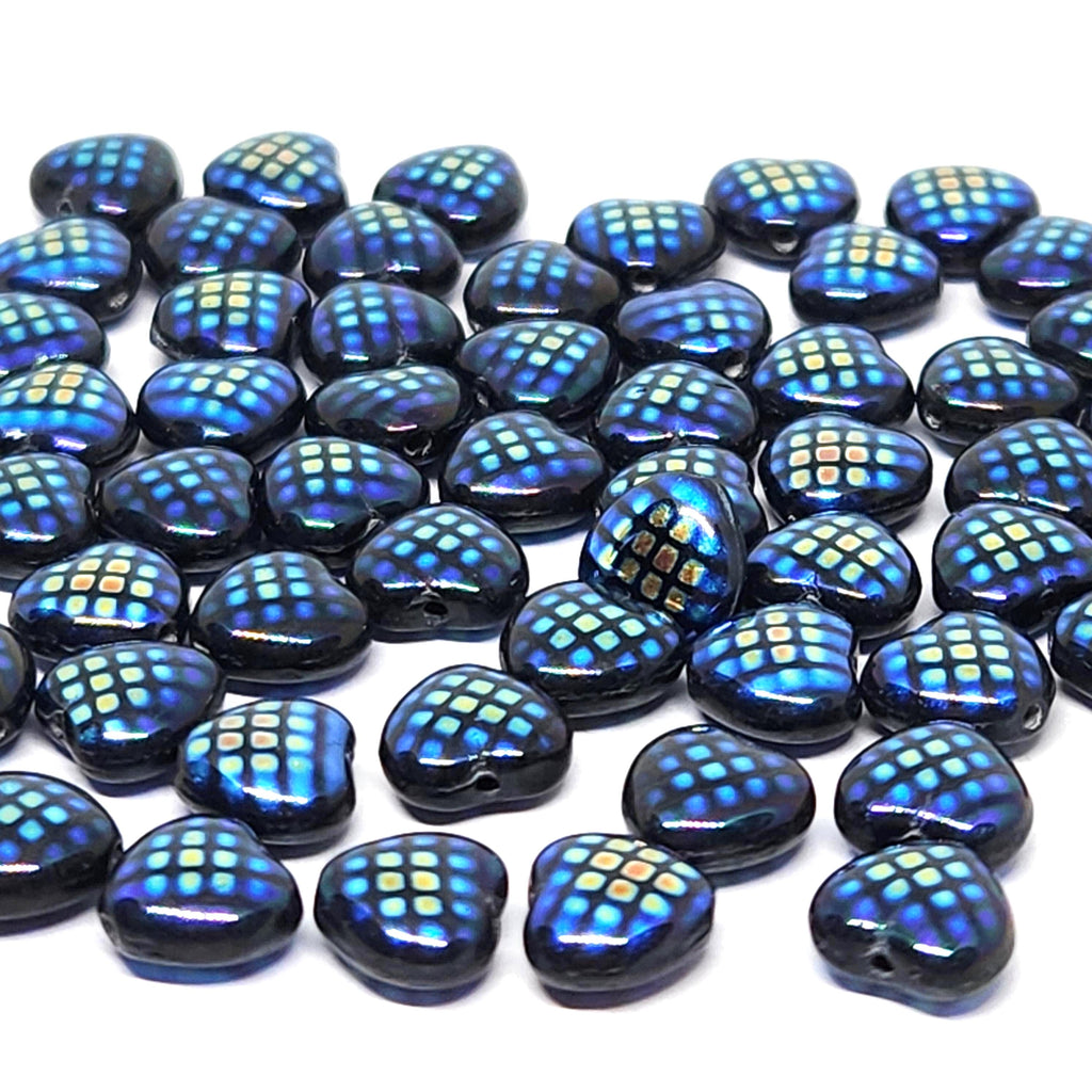 Black Checkered Iridescent Czech Glass Heart Beads 8mm - 20pcs