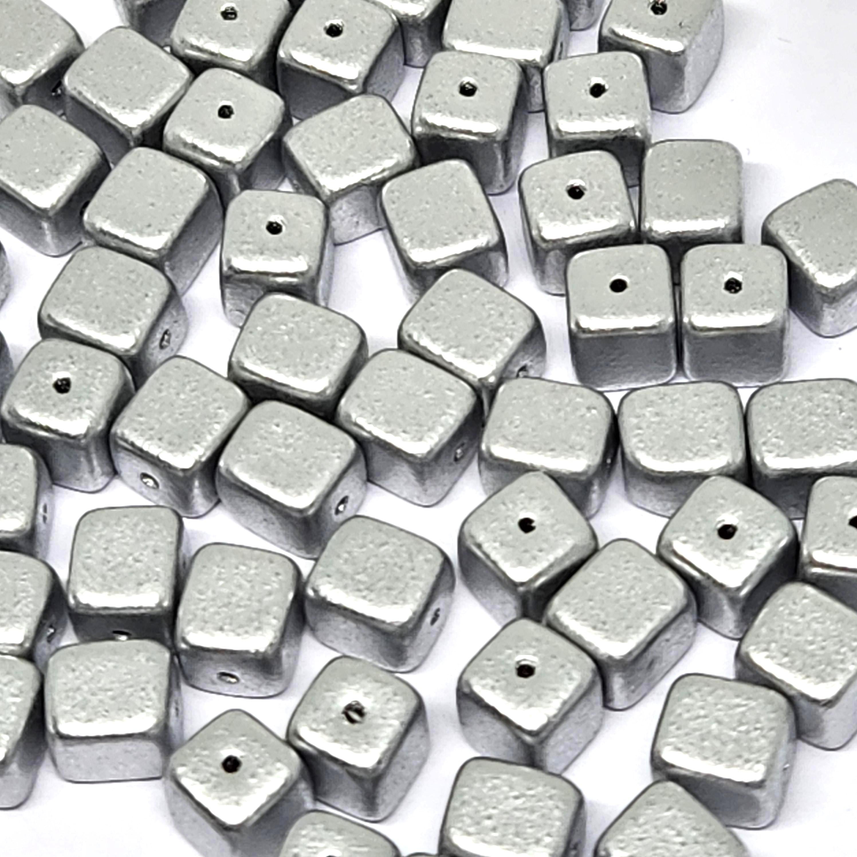 Silver Czech Glass Druk Cube Beads 7x6mm - 20pcs