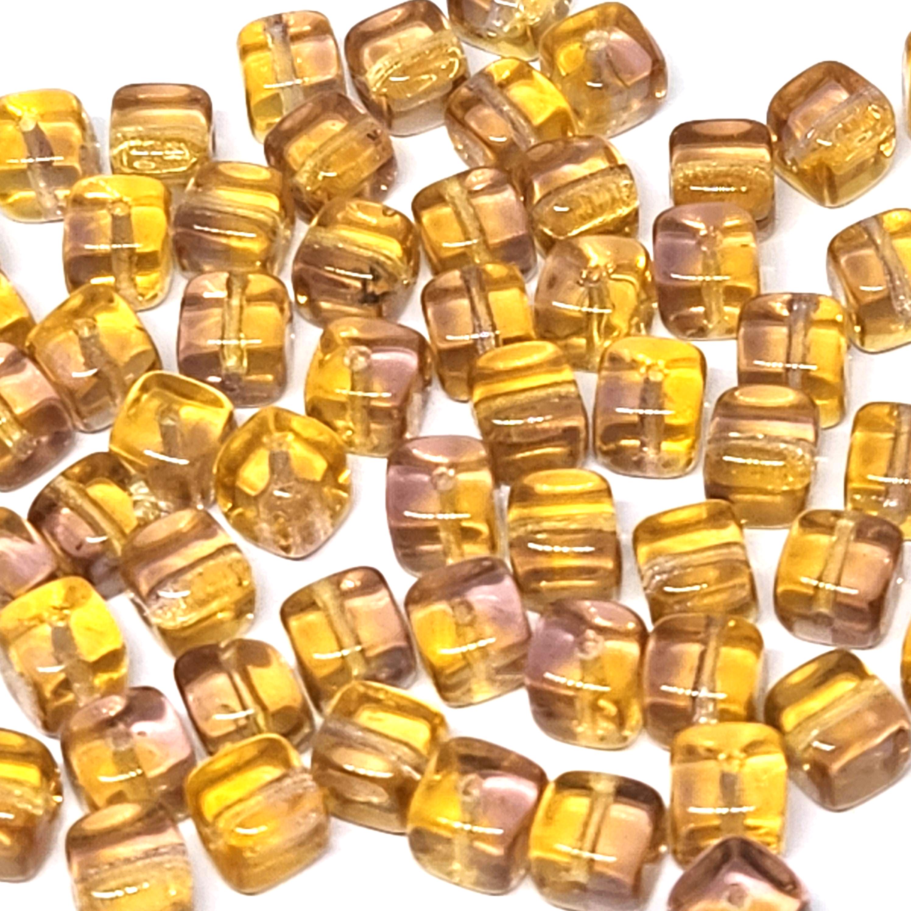 Topaz & Pink Czech Glass Druk Cube Beads 6x5mm - 20pcs