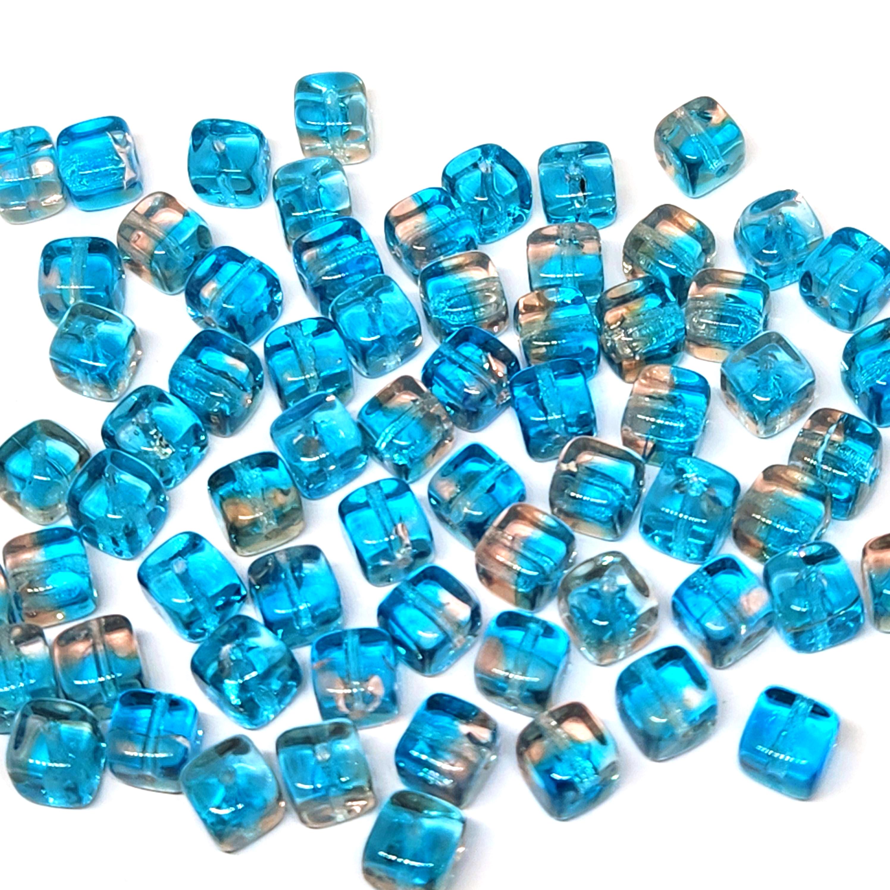 Blue & Pink Czech Glass Druk Cube Beads 6x5mm - 20pcs