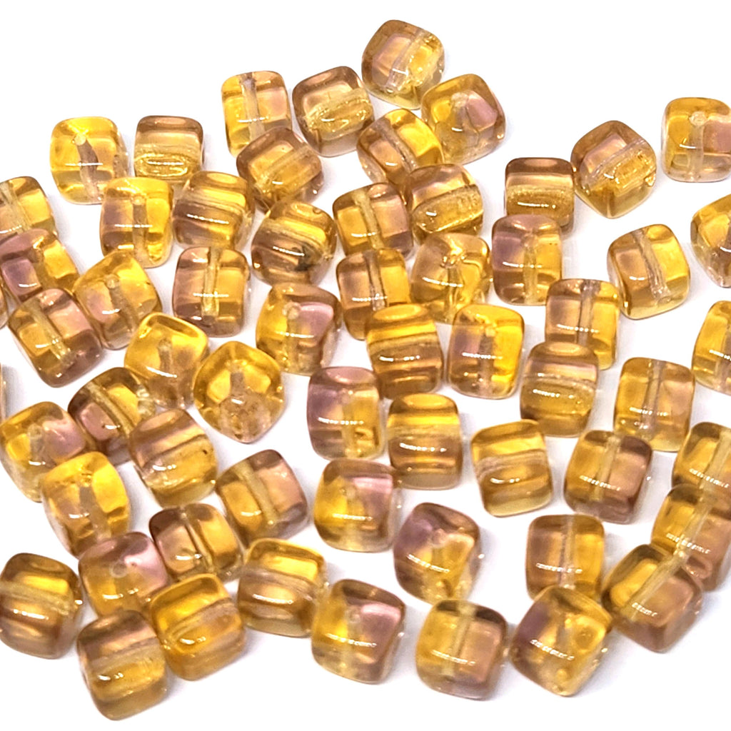 Topaz & Pink Czech Glass Druk Cube Beads 6x5mm - 20pcs