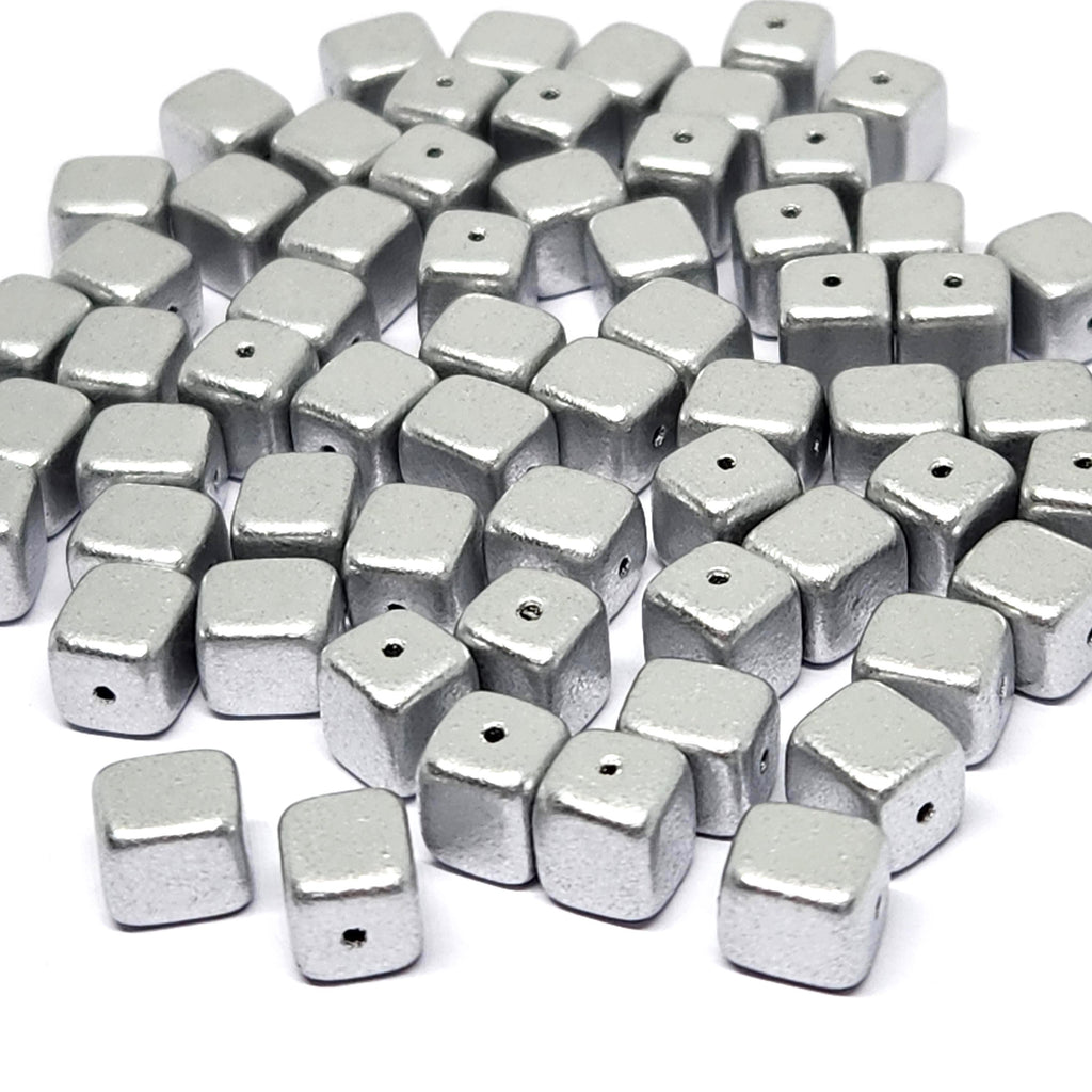 Silver Czech Glass Druk Cube Beads 7x6mm - 20pcs