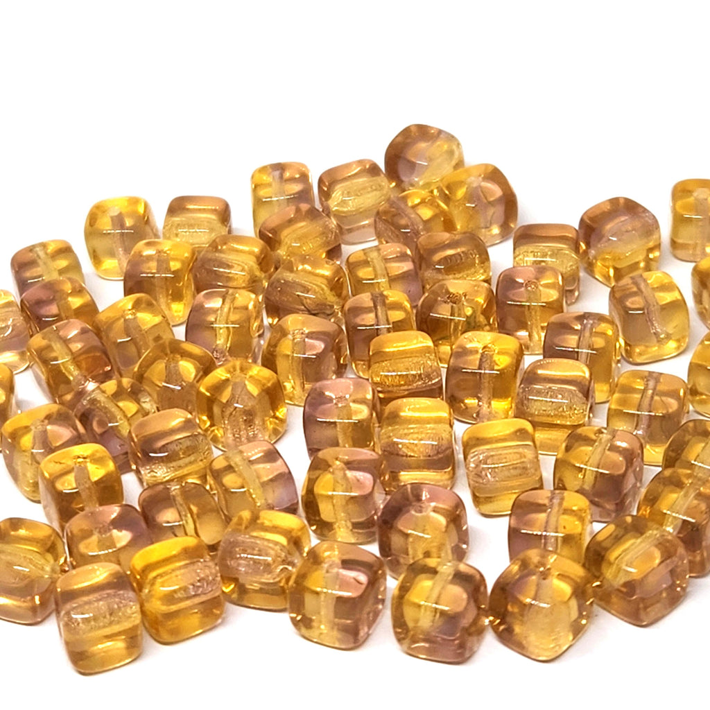 Topaz & Pink Czech Glass Druk Cube Beads 6x5mm - 20pcs