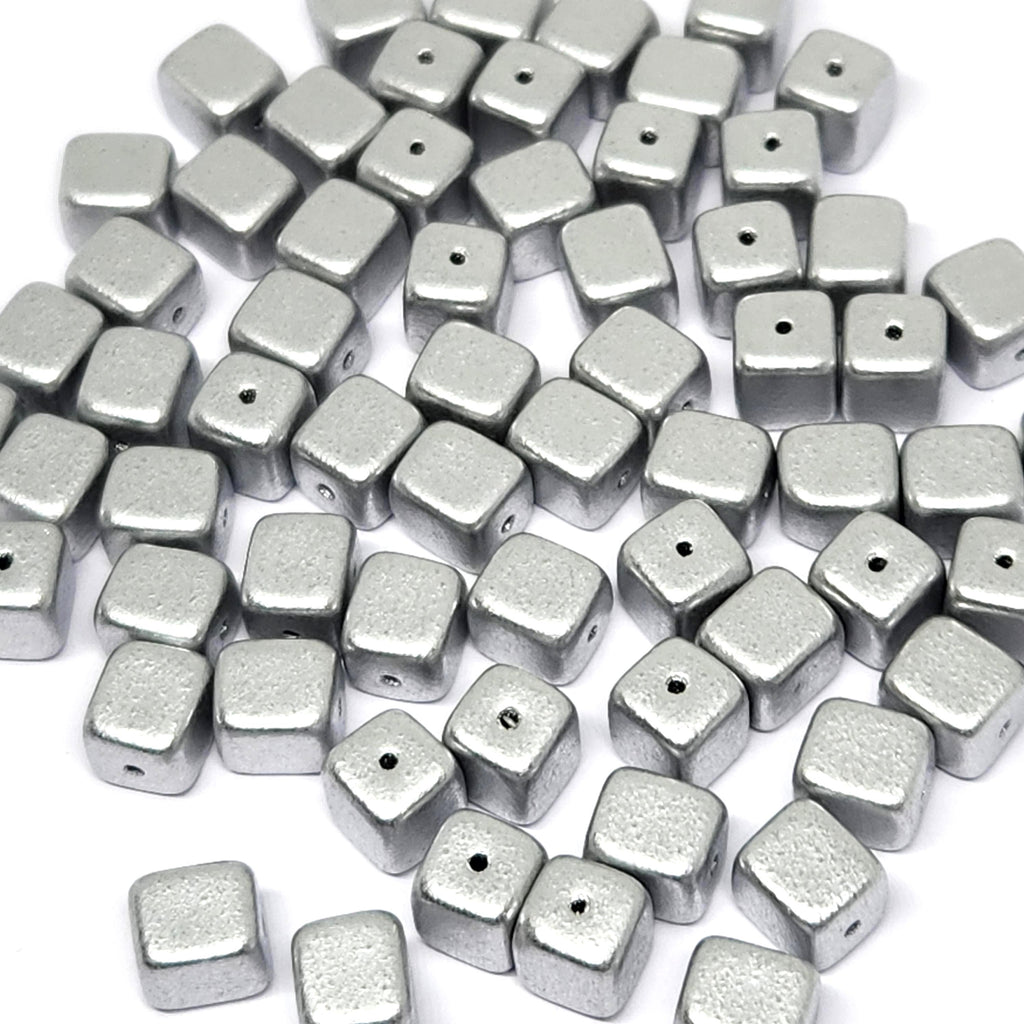 Silver Czech Glass Druk Cube Beads 7x6mm - 20pcs