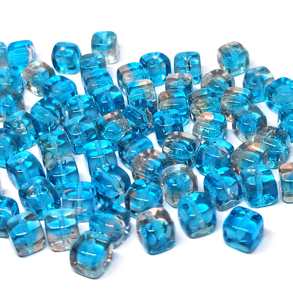 Blue & Pink Czech Glass Druk Cube Beads 6x5mm - 20pcs