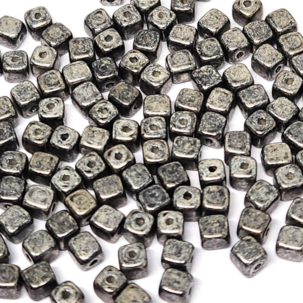 Black & Silver Czech Glass Druk Cube Beads 4mm - 40pcs