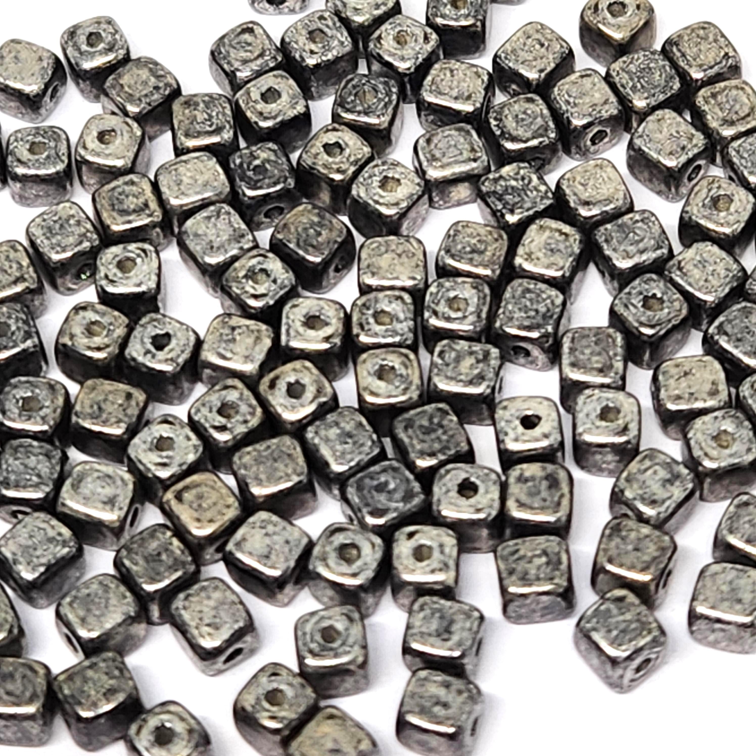 Black & Silver Czech Glass Druk Cube Beads 4mm - 40pcs