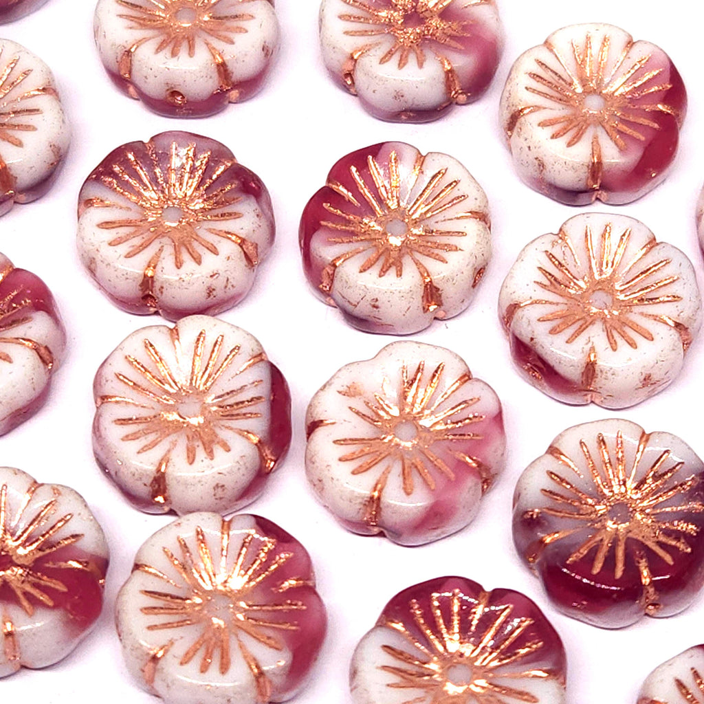 Dark Pink, White & Copper Hawaiian Flower Czech Beads 14mm - 6pcs