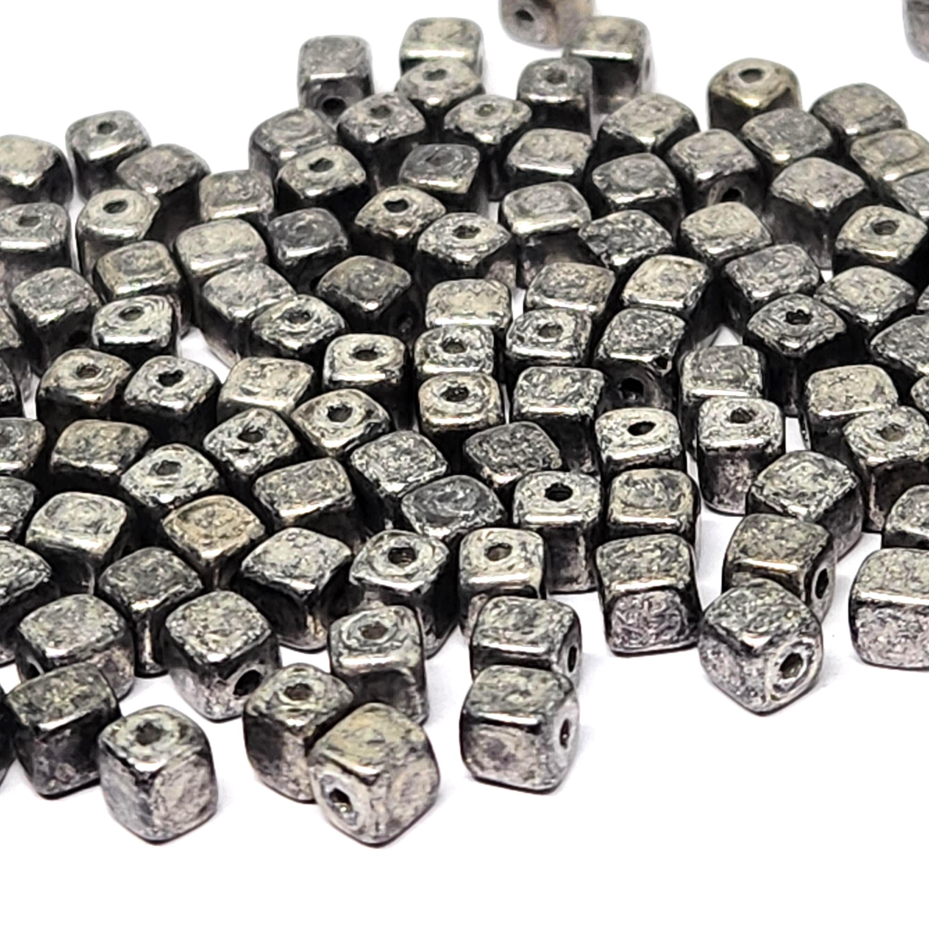 Black & Silver Czech Glass Druk Cube Beads 4mm - 40pcs
