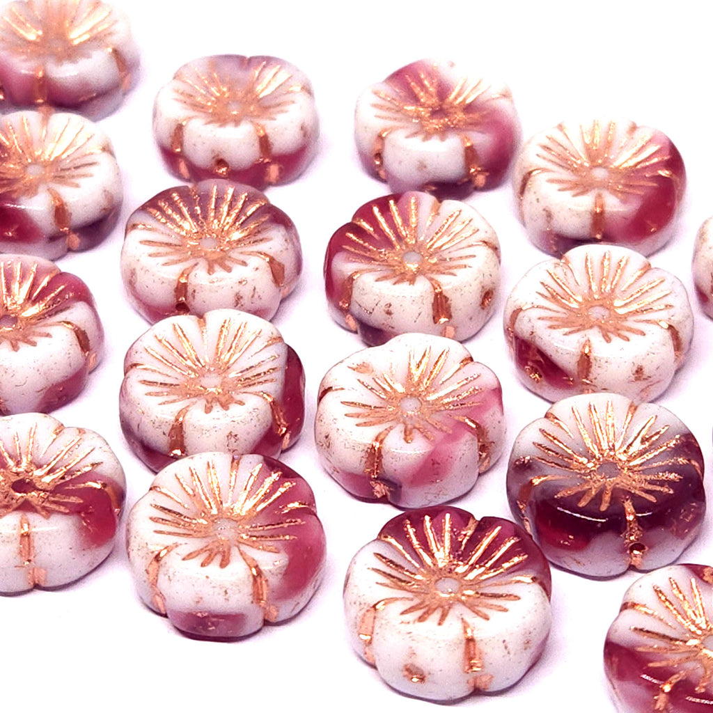 Dark Pink, White & Copper Hawaiian Flower Czech Beads 14mm - 6pcs