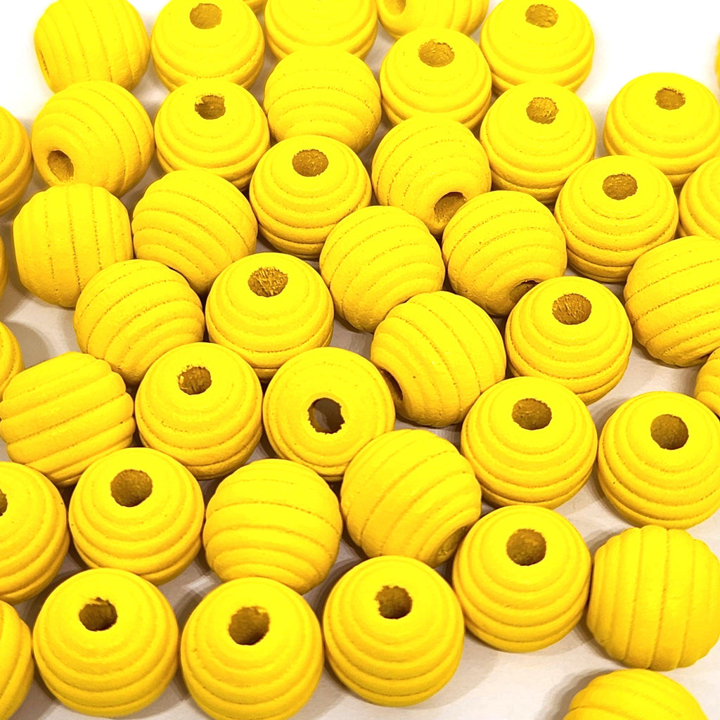 Yellow Wooden Corrugated Round Beads 11mm - 10pcs