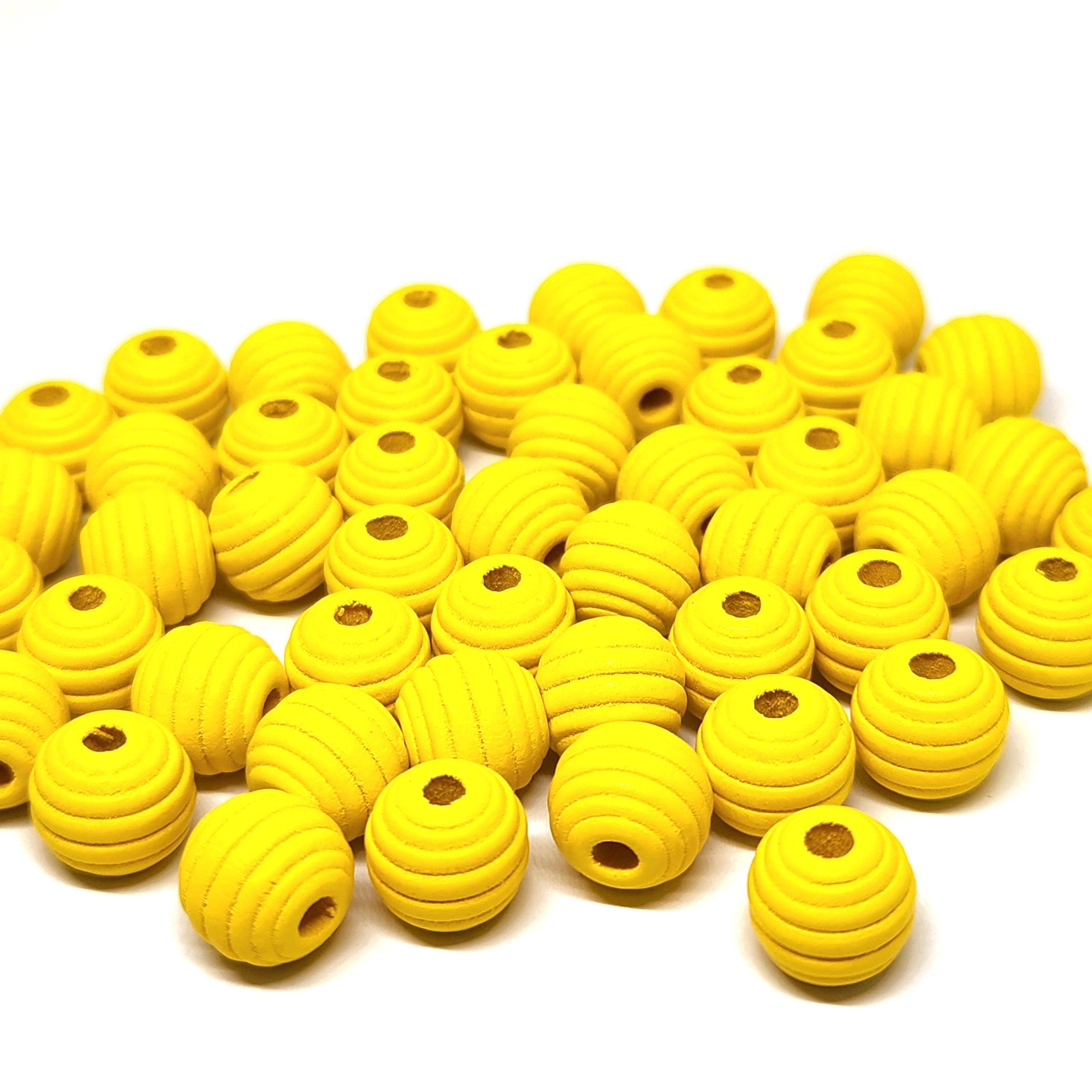Yellow Wooden Corrugated Round Beads 11mm - 10pcs