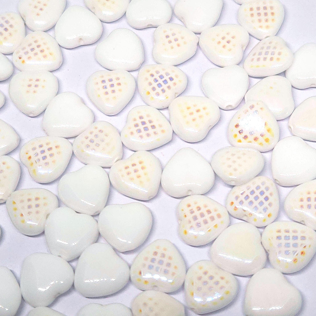 White Checkered Iridescent Czech Glass Heart Beads 10mm - 20pcs