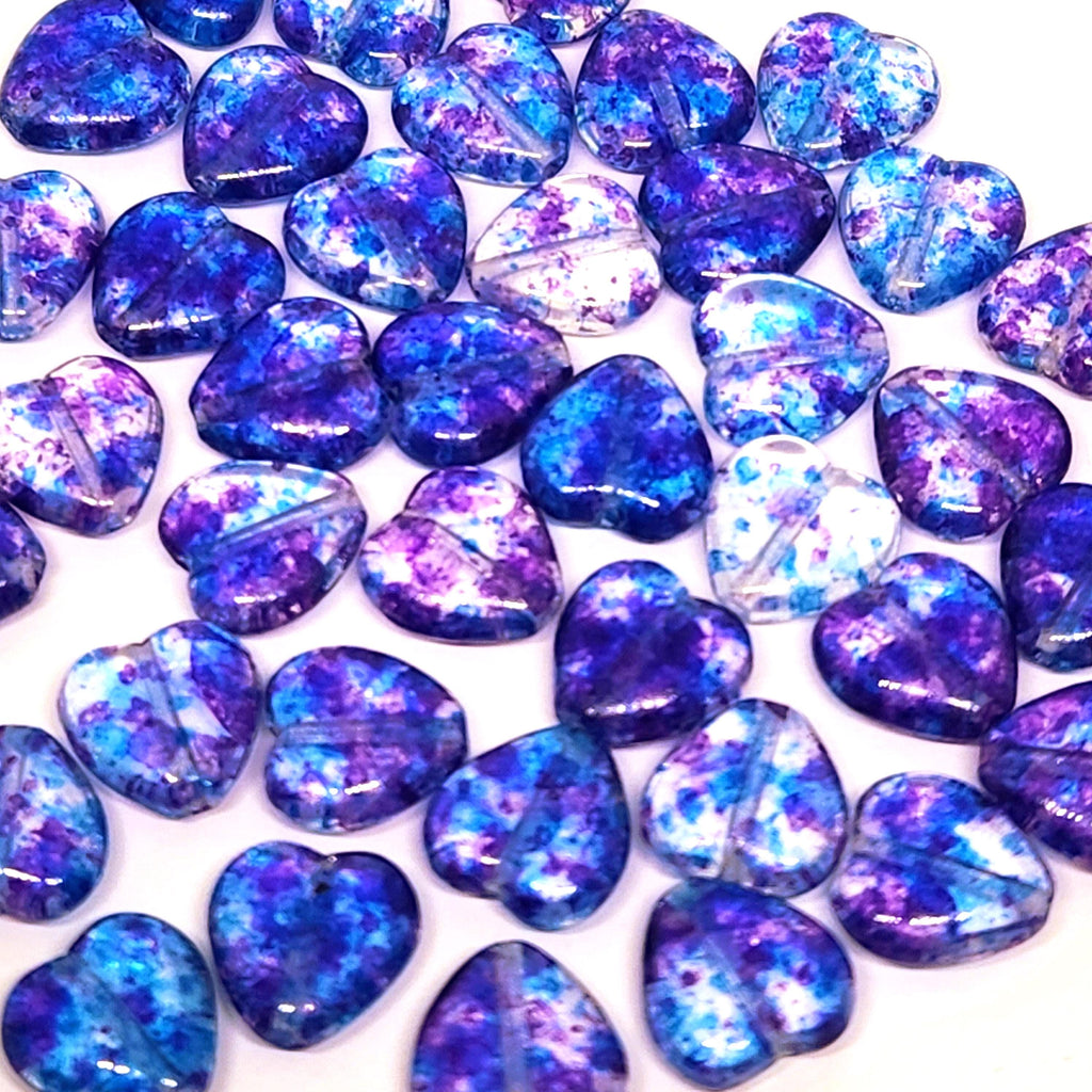 Blue & Purple Mottled Czech Glass Druk Heart Beads 12mm - 10pcs