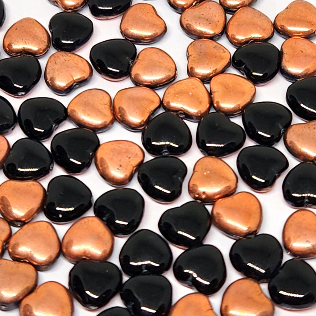 Black & Copper Czech Glass Heart Beads 8mm - 20pcs