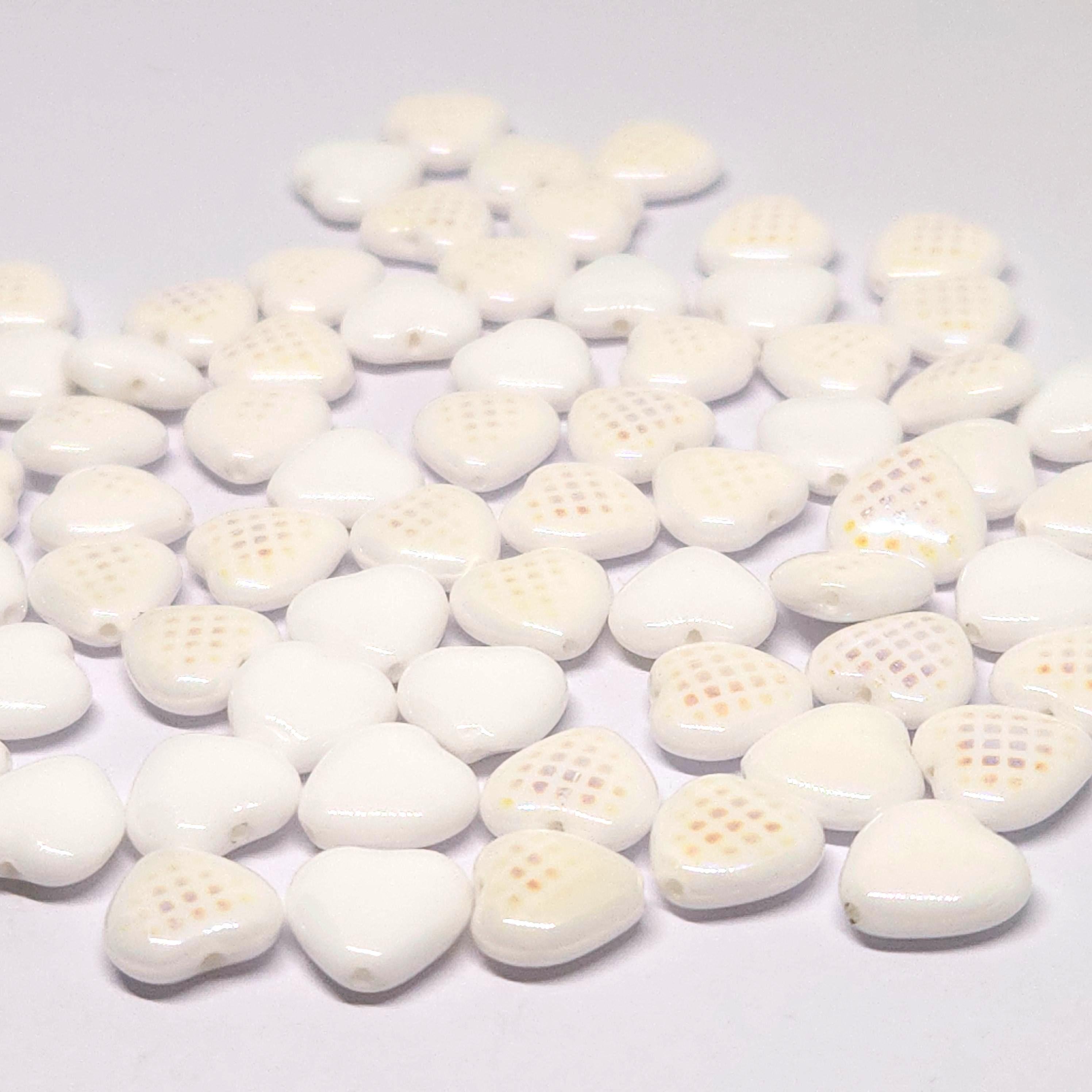 White Checkered Iridescent Czech Glass Heart Beads 10mm - 20pcs