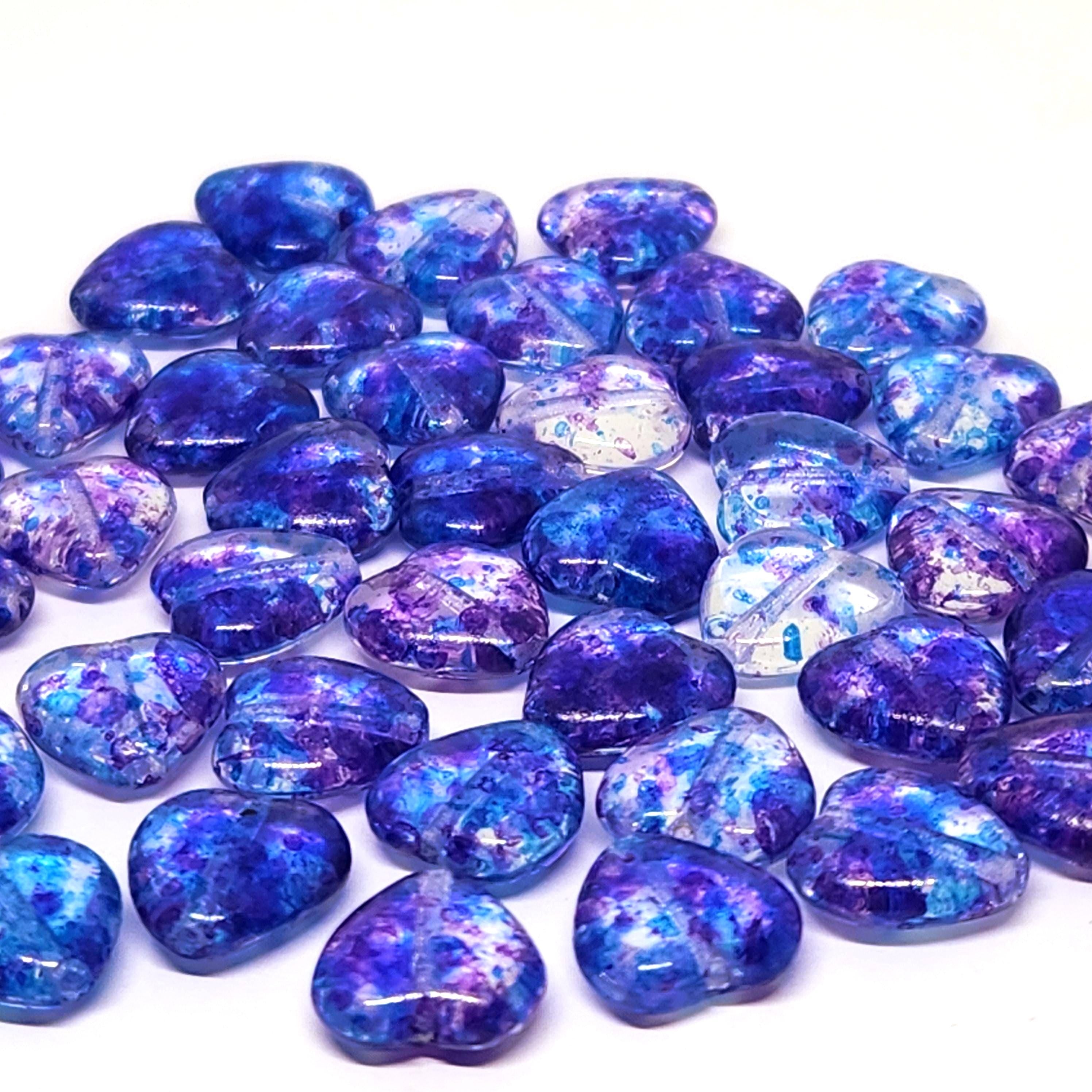 Blue & Purple Mottled Czech Glass Druk Heart Beads 12mm - 10pcs