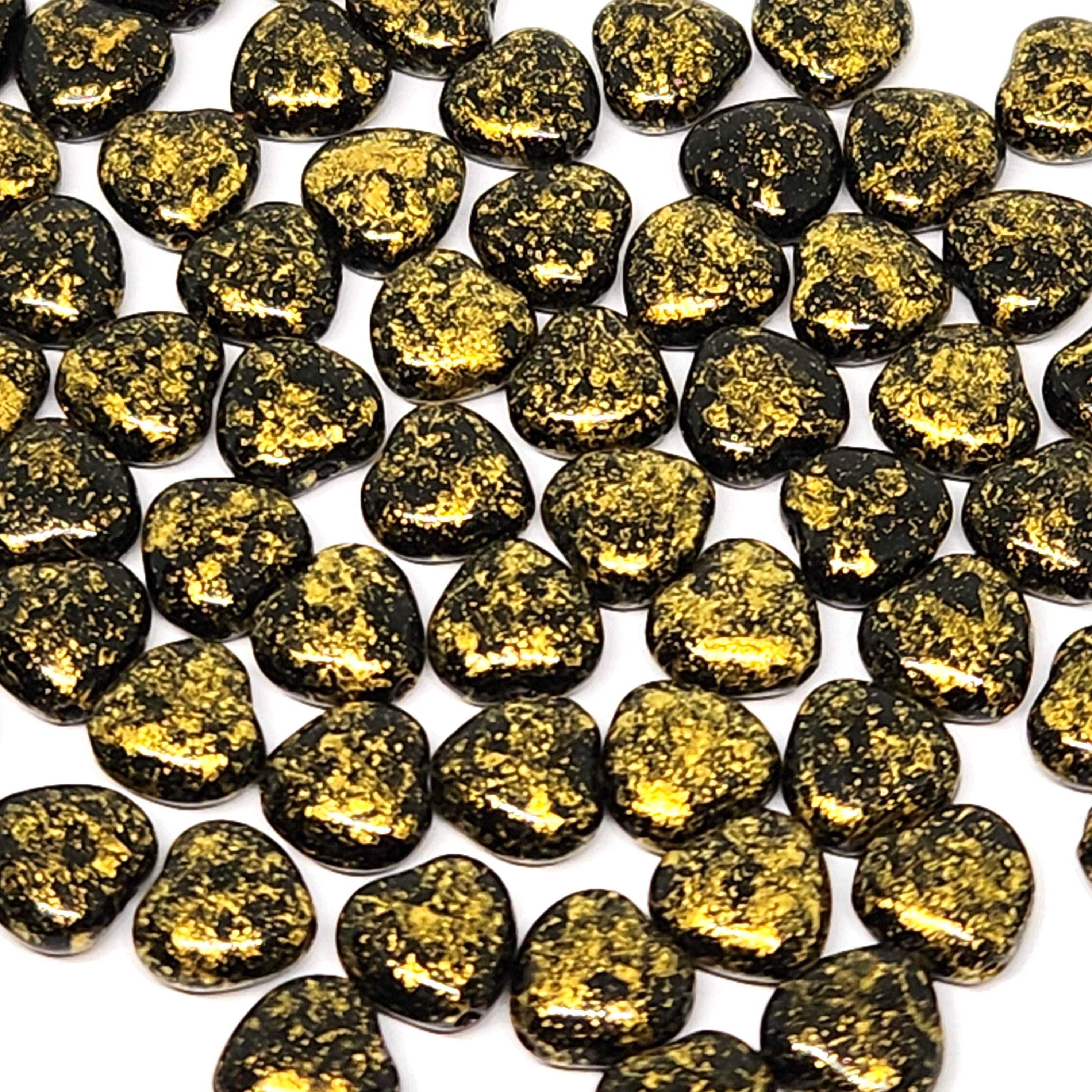 Black & Gold Czech Glass Heart Beads 8mm - 20pcs