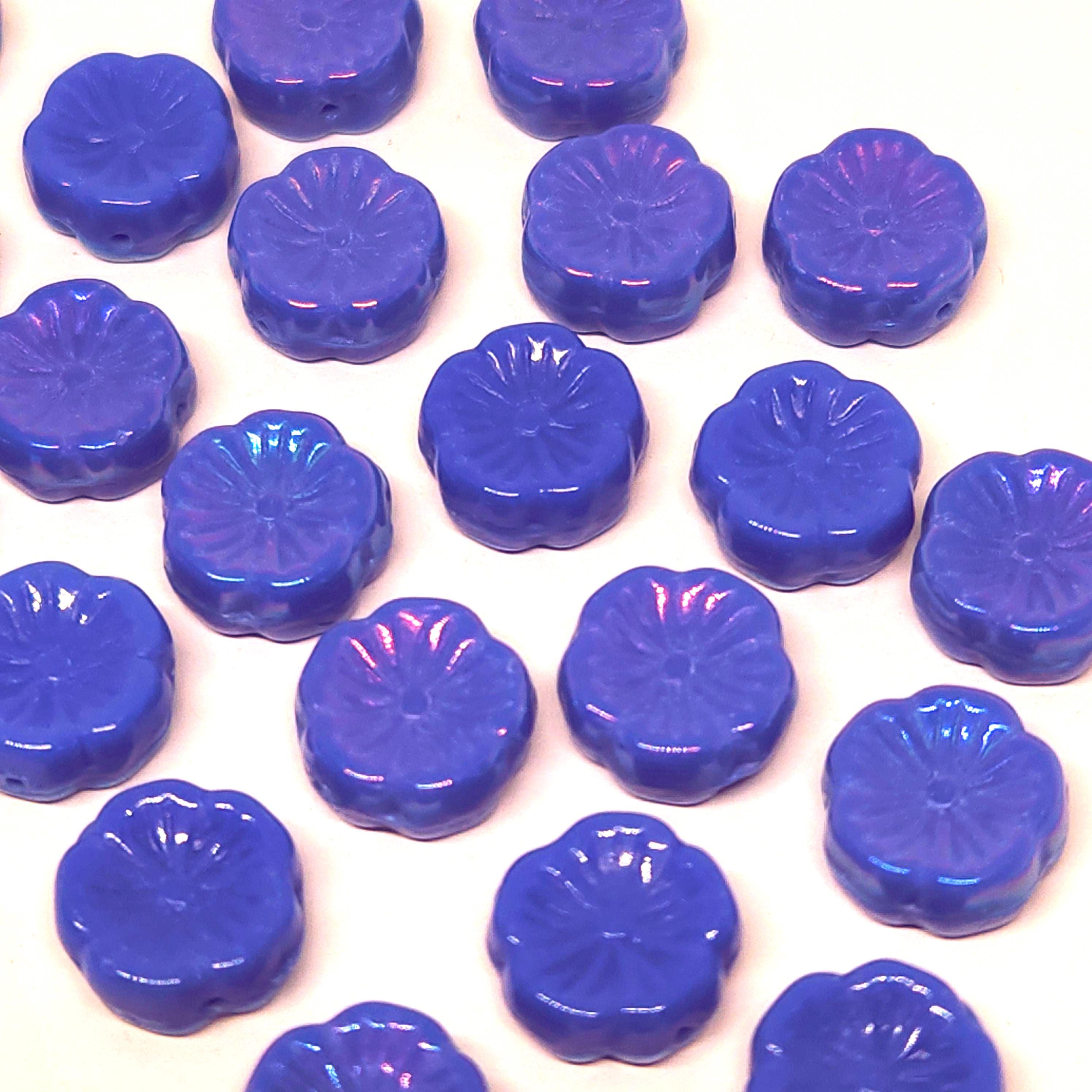 Blue & Iridescent Pink Hawaiian Flower Czech Glass Beads 12mm - 6pcs