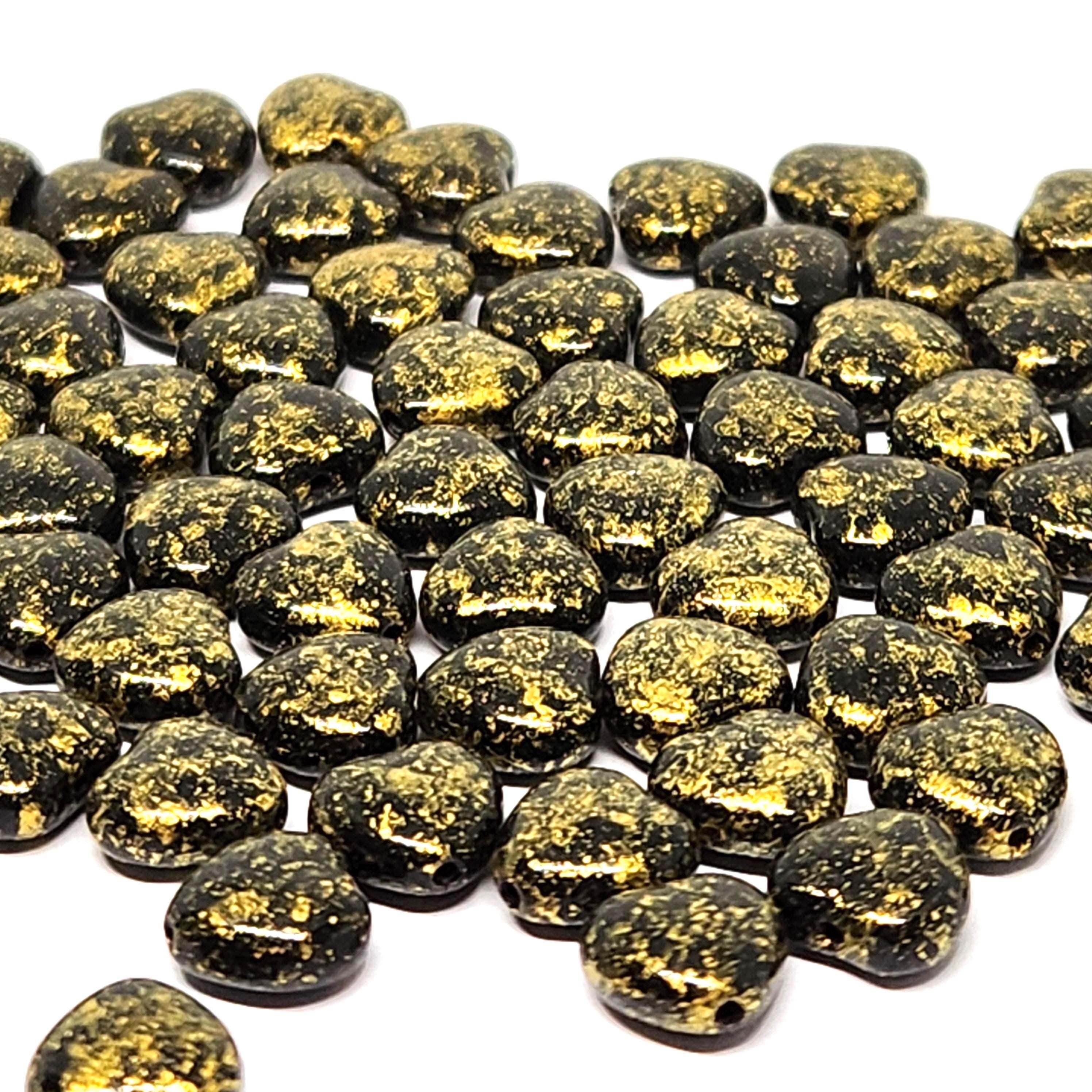 Black & Gold Czech Glass Heart Beads 8mm - 20pcs