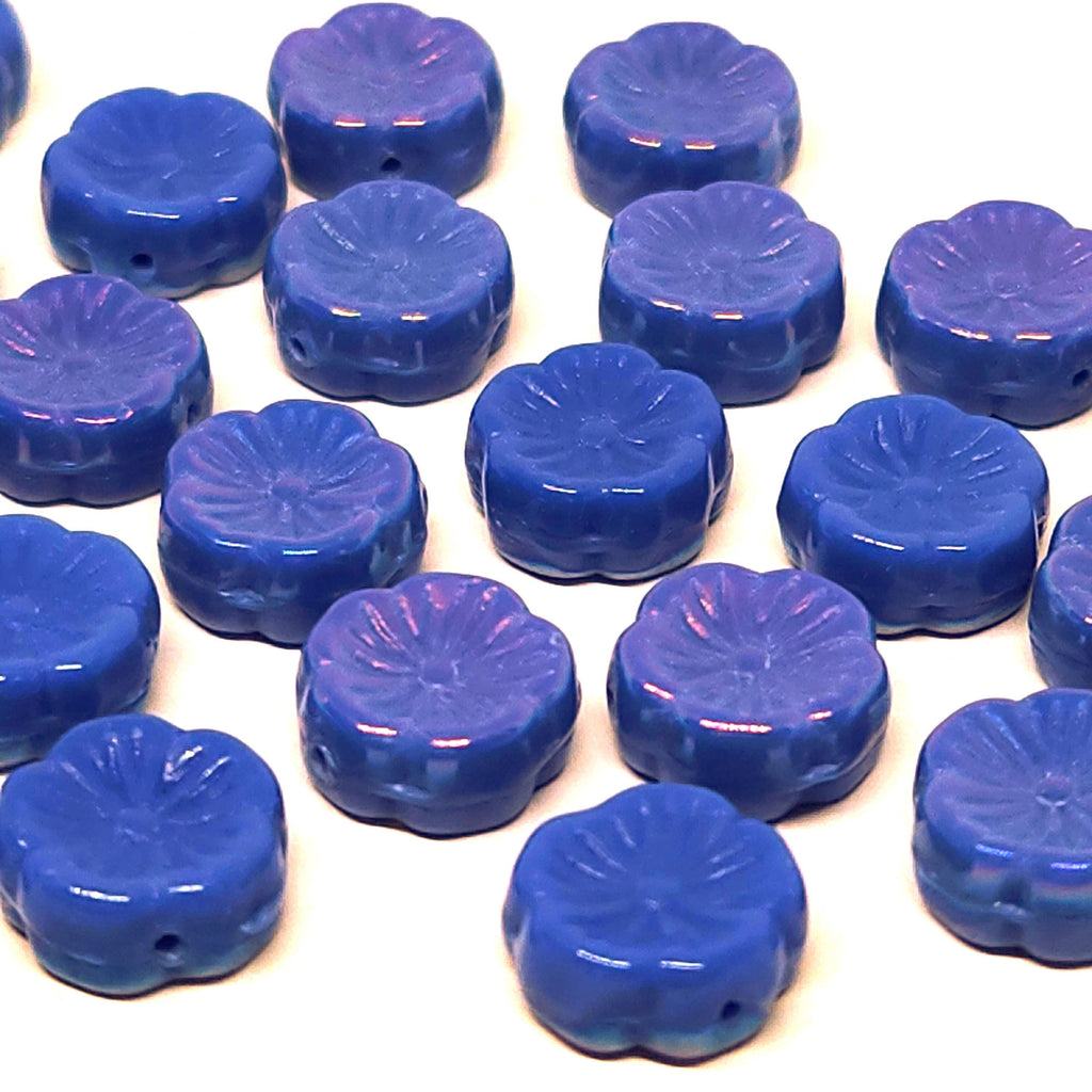 Blue & Iridescent Pink Hawaiian Flower Czech Glass Beads 12mm - 6pcs