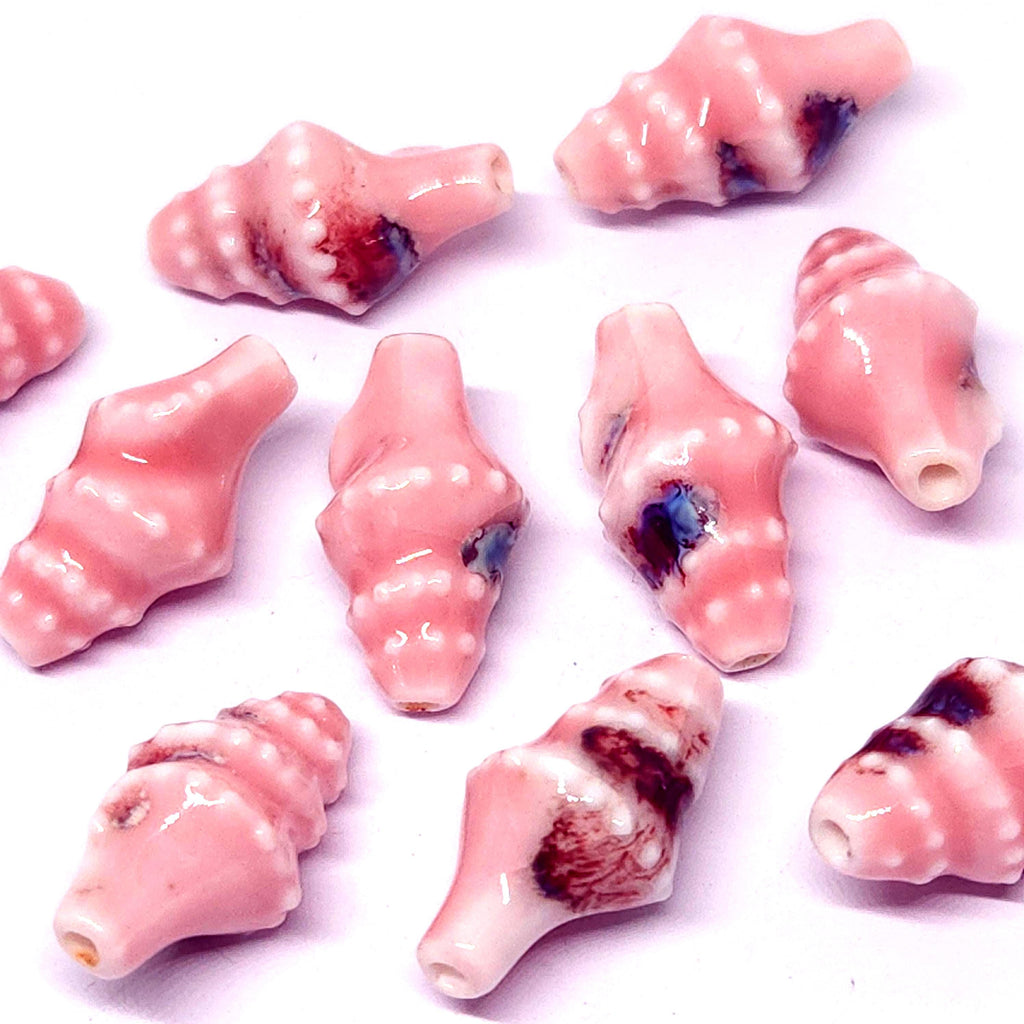 Conch Shell Glazed Ceramic Beads Pink Multicolour 20x11mm - 2pcs