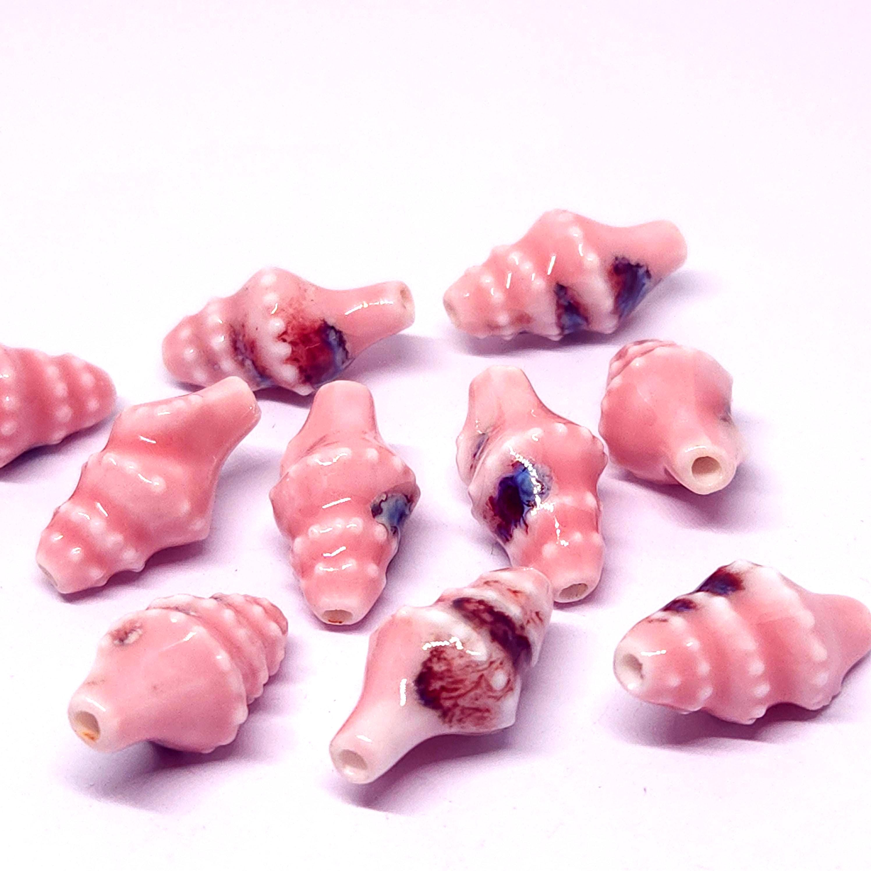 Conch Shell Glazed Ceramic Beads Pink Multicolour 20x11mm - 2pcs