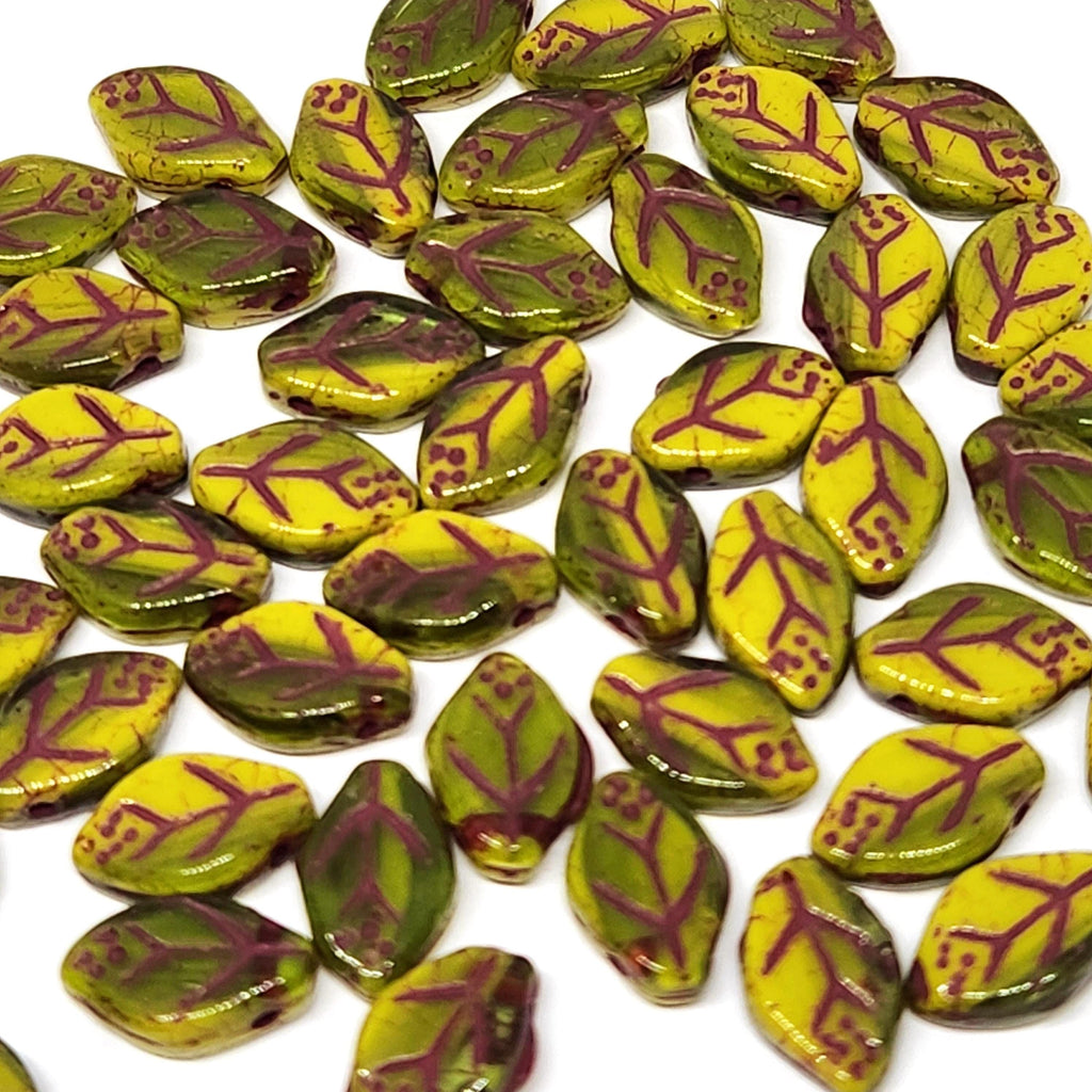 Green & Red Lined Czech Glass Leaf Beads 12x7mm - 20pcs