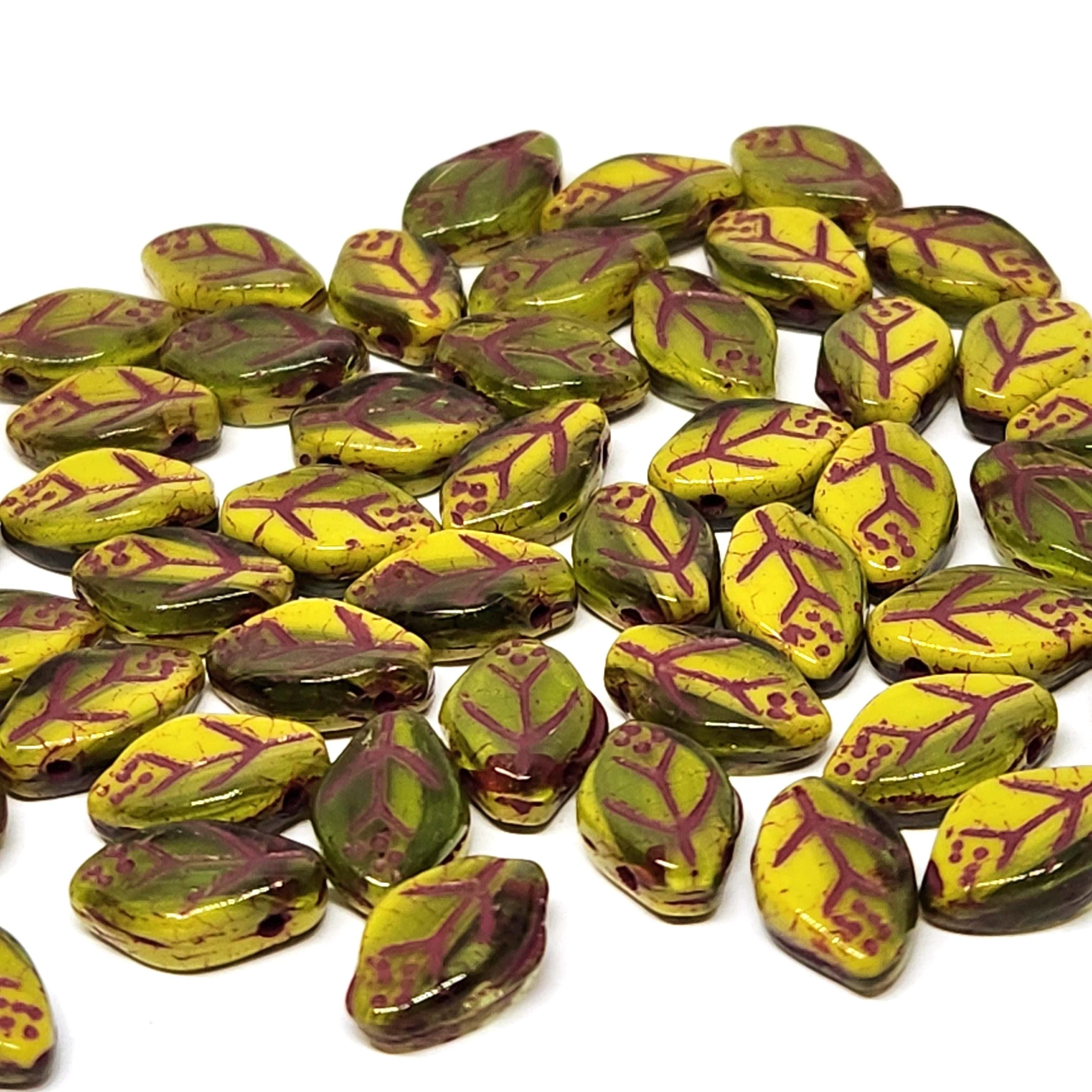Green & Red Lined Czech Glass Leaf Beads 12x7mm - 20pcs